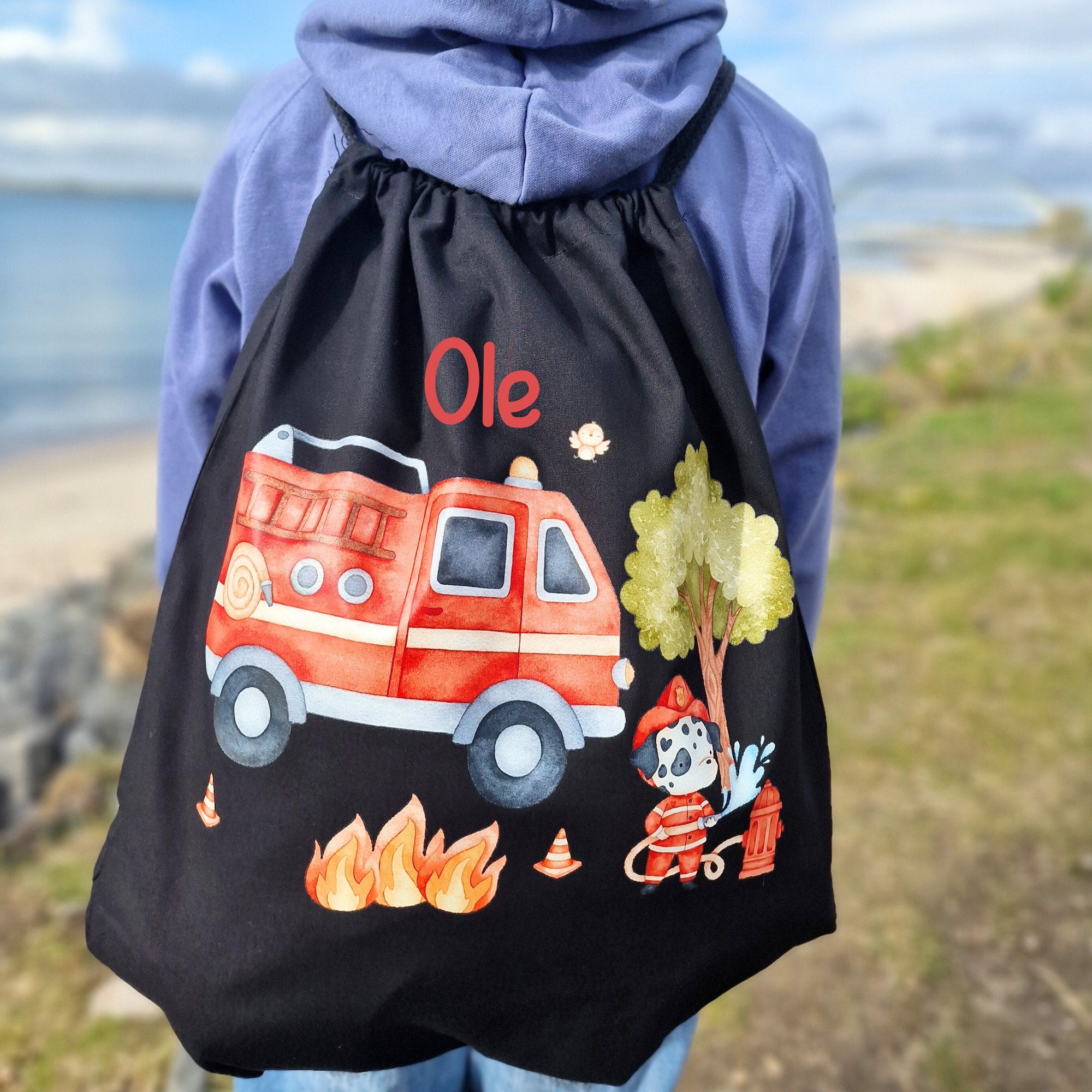 Feuerwehr Turnbeutel mit Name – personalisierter – Kita Tasche Hundemotiv – Team Sports & Gym Bags