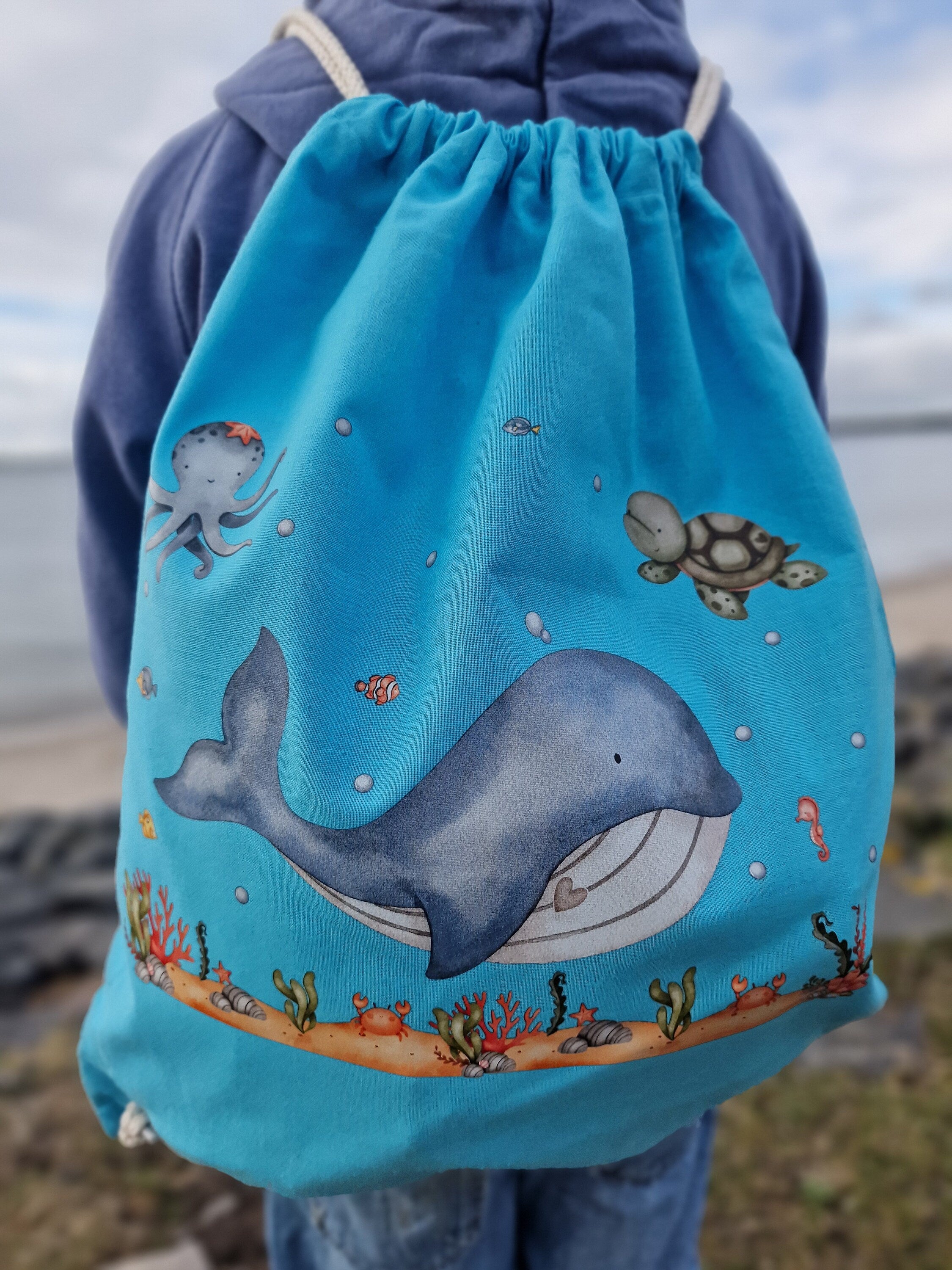 Turnbeutel mit Name – Wal & Schildkröte – personalisiert – Meeres-Tiermotiv – Kita Beutel für – Wechselwäschebeutel – Team Sports & Gym Bags