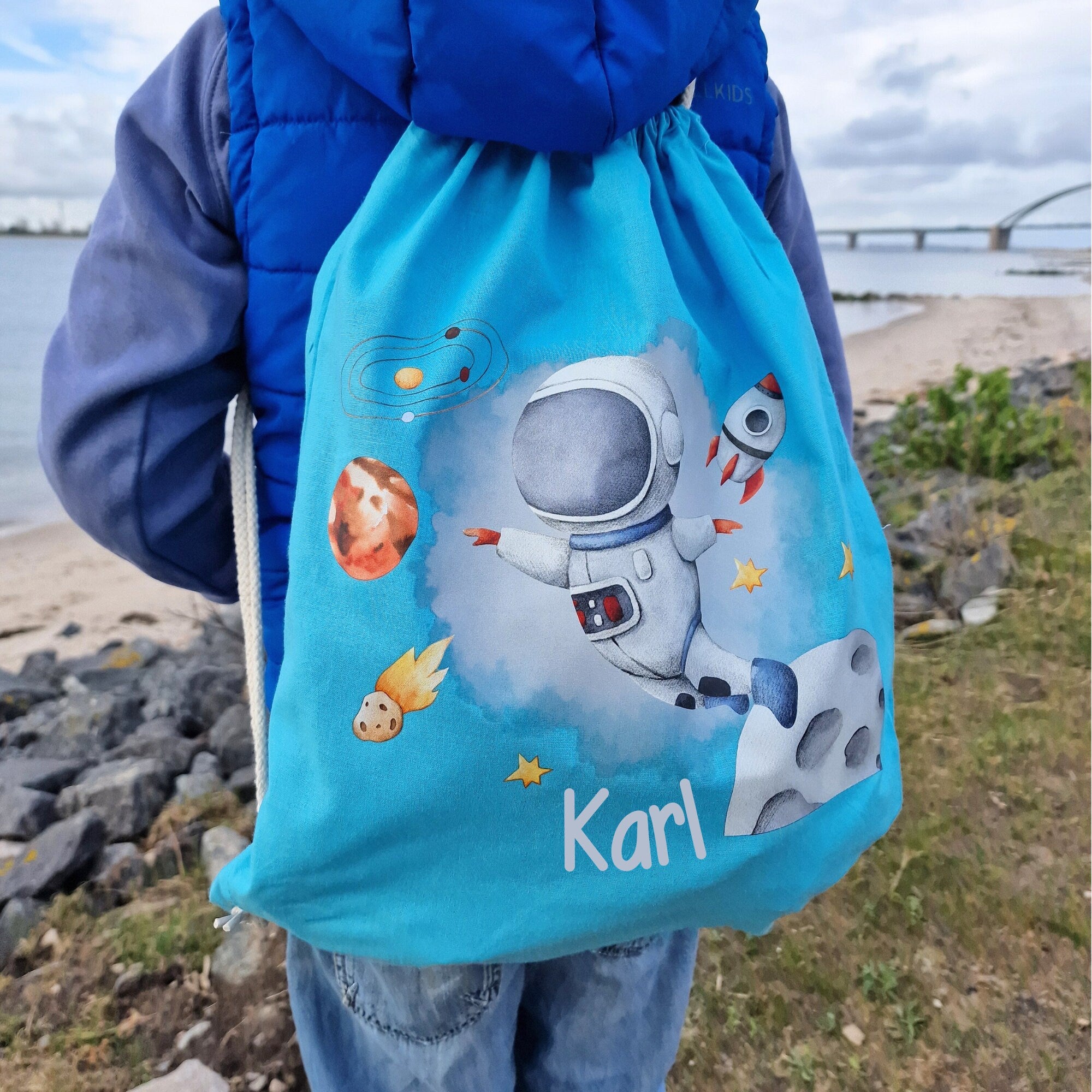 Astronaut Turnbeutel mit Name – personalisierter Weltraum für – Planeten Motiv – Kita Beutel – Team Sports & Gym Bags
