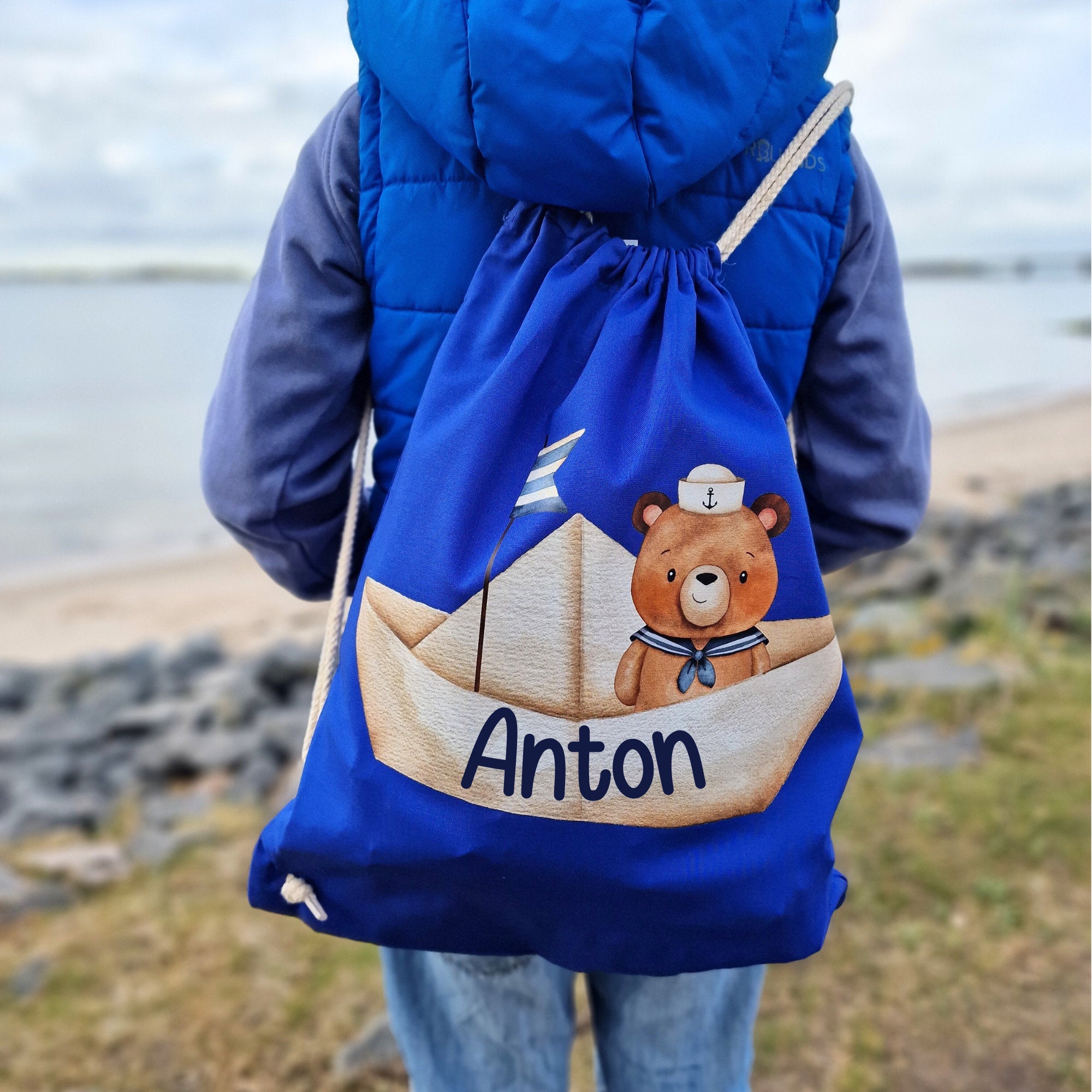 Turnbeutel mit Name personalisiert Matrose Bär Maritim Meer Boot – Team Sports & Gym Bags