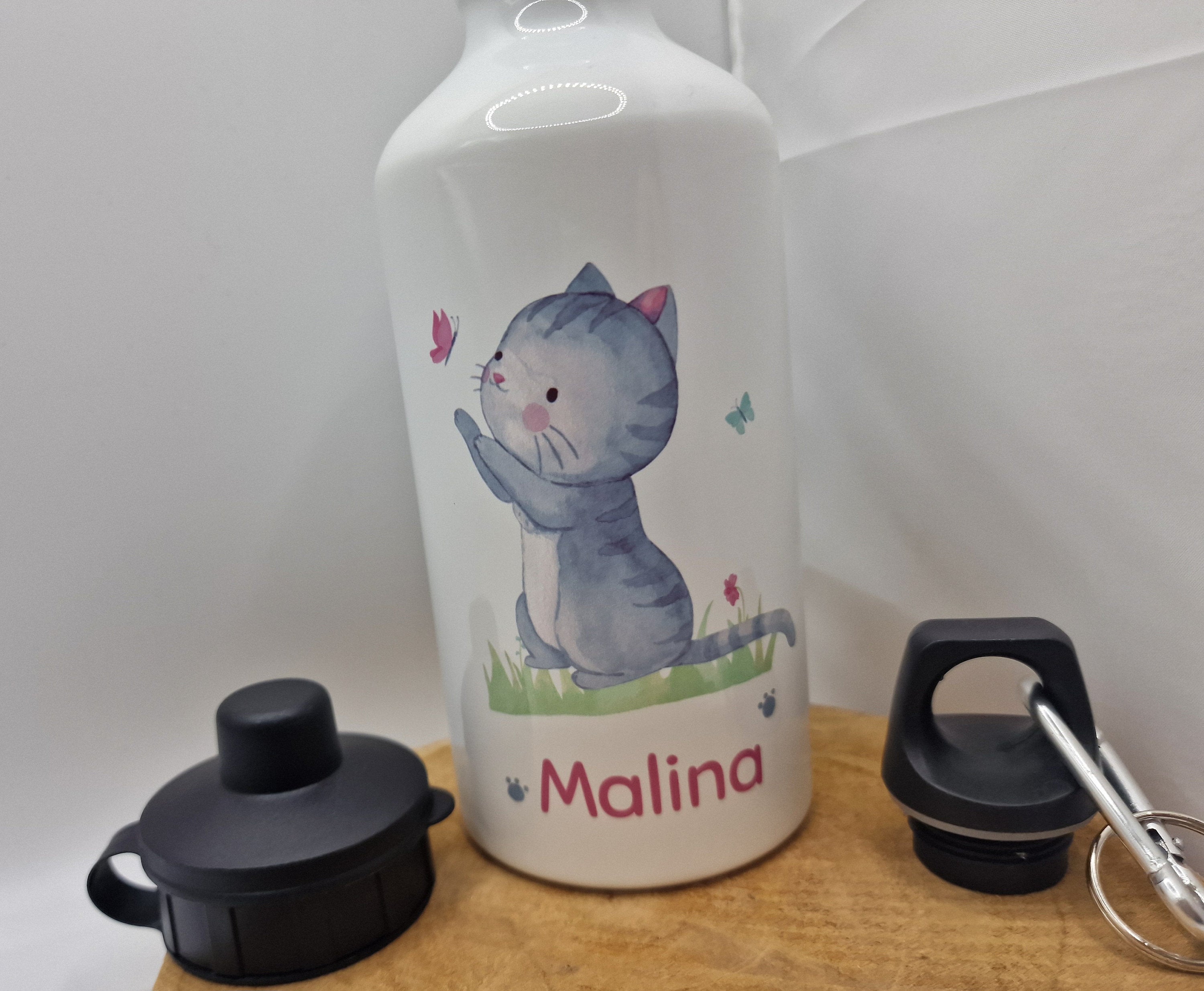 Trinkflasche Wasserflasche personalisiert mit Name Katze Kitten Haustier Schmusekatze Schmetterling – Water Bottles