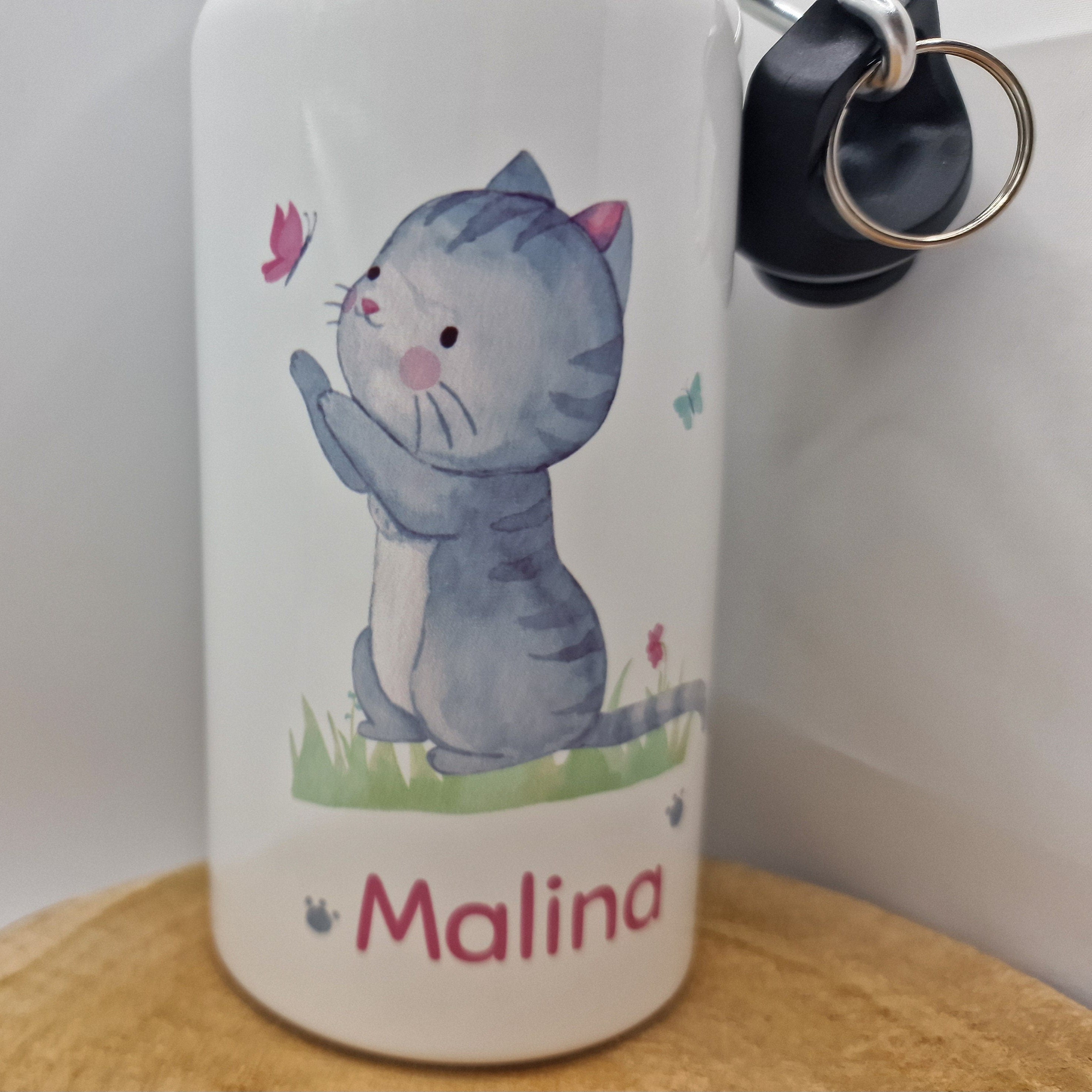 Trinkflasche Wasserflasche personalisiert mit Name Katze Kitten Haustier Schmusekatze Schmetterling – Water Bottles