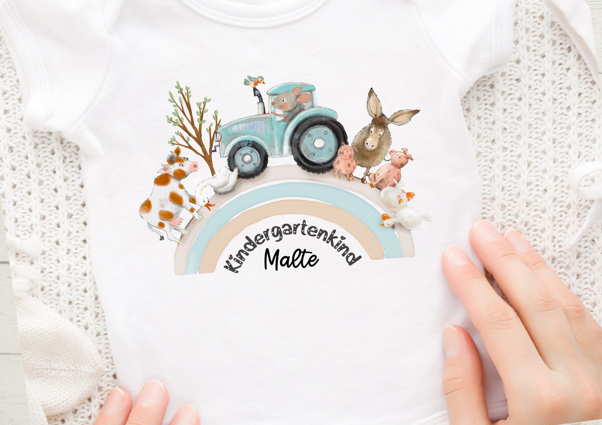 Bügelbild gartenstart – mit Name & Alter – Traktor, Bauernhof, Regenbogen – personalisiert für n und – A5 oder A4 – Appliques & Patches