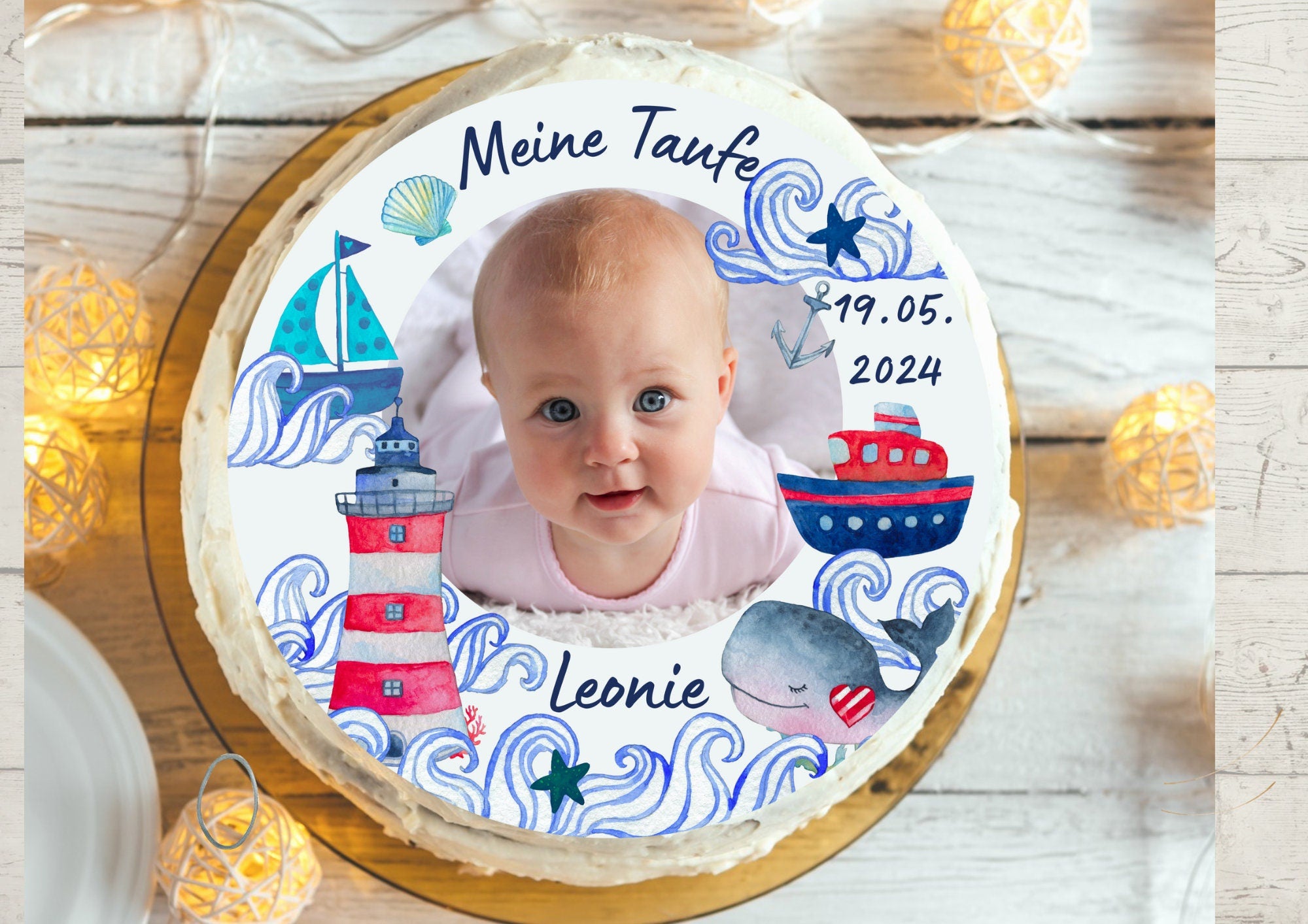Tortenaufleger Taufe maritim – mit Foto, Schiff & Leuchtturm – personalisiert – für Taufkuchen – oder – Party Decor