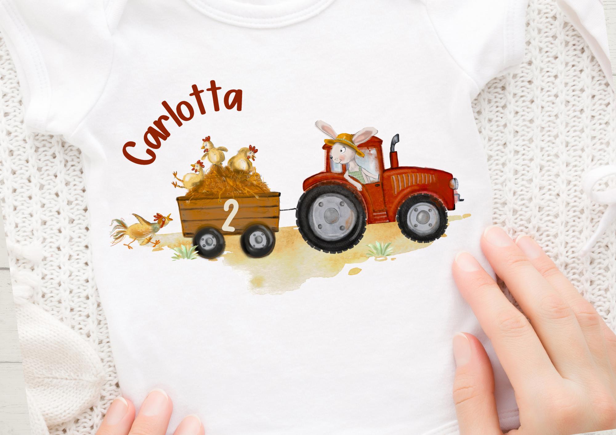 Bügelbild Traktor mit Anhänger – personalisiert mit Name & Zahl – Hühner und Hase – Bauernhof Aufbügler für geburtstag A4/A5 – Appliques & Patches