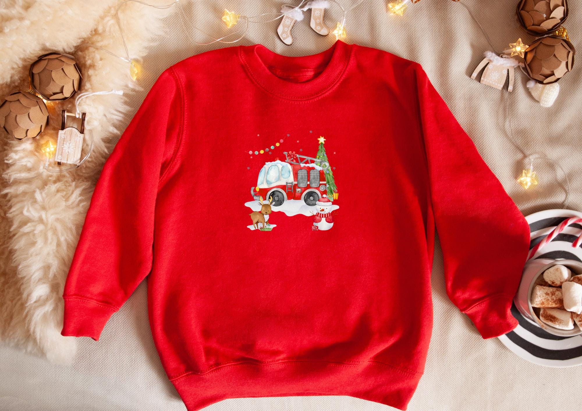 Bügelbild Weihnachten Feuerwehr – Feuerwehrauto Bügelmotiv für – Weihnachtsshirt & Pullover DIY Geschenk – Patches