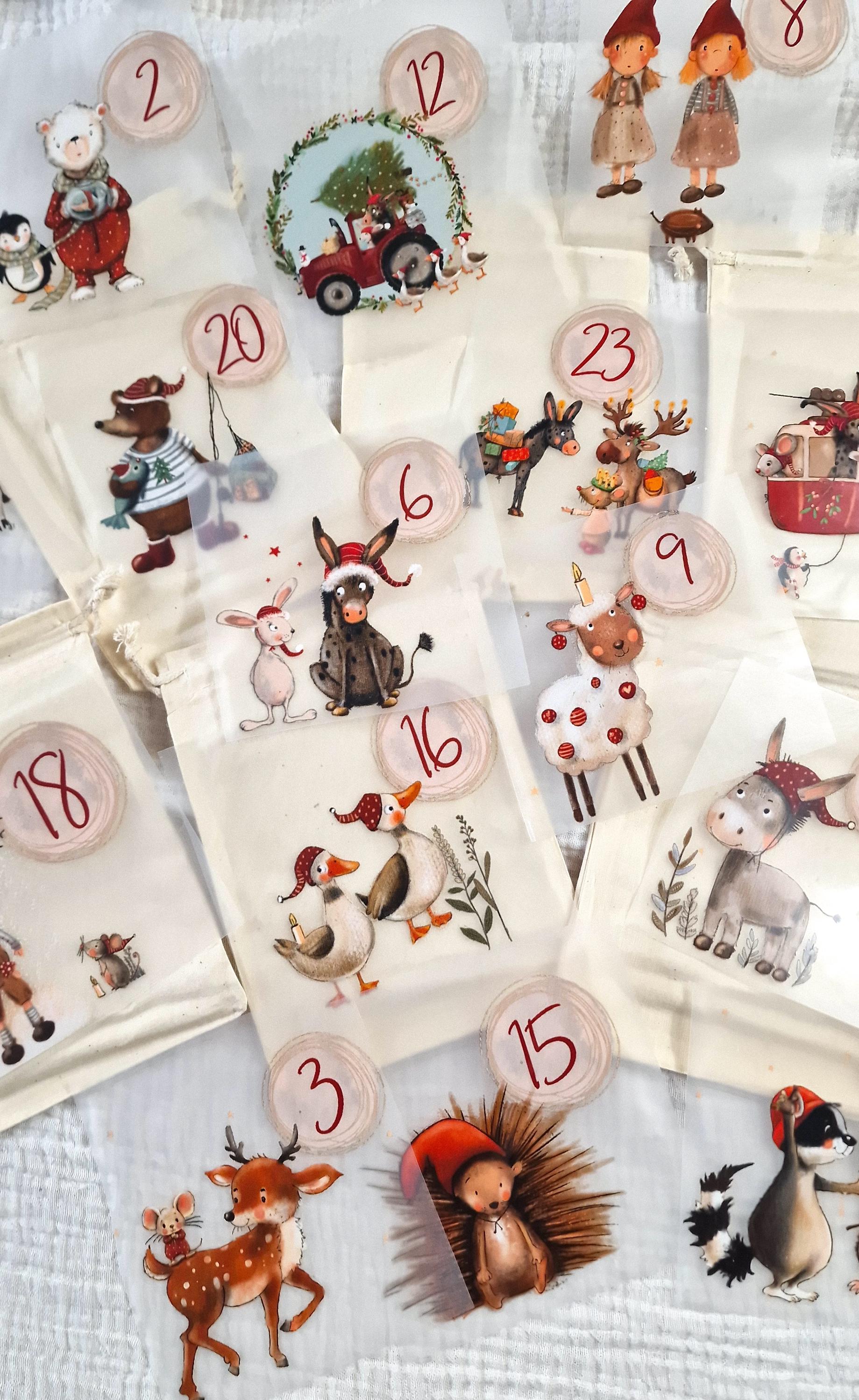 Bügelbilder Adventskalender Zahlen – DIY Adventskalender selber machen – Stoffsäckchen gestalten – Weihnachts Bügelbilder – Advent Calendars