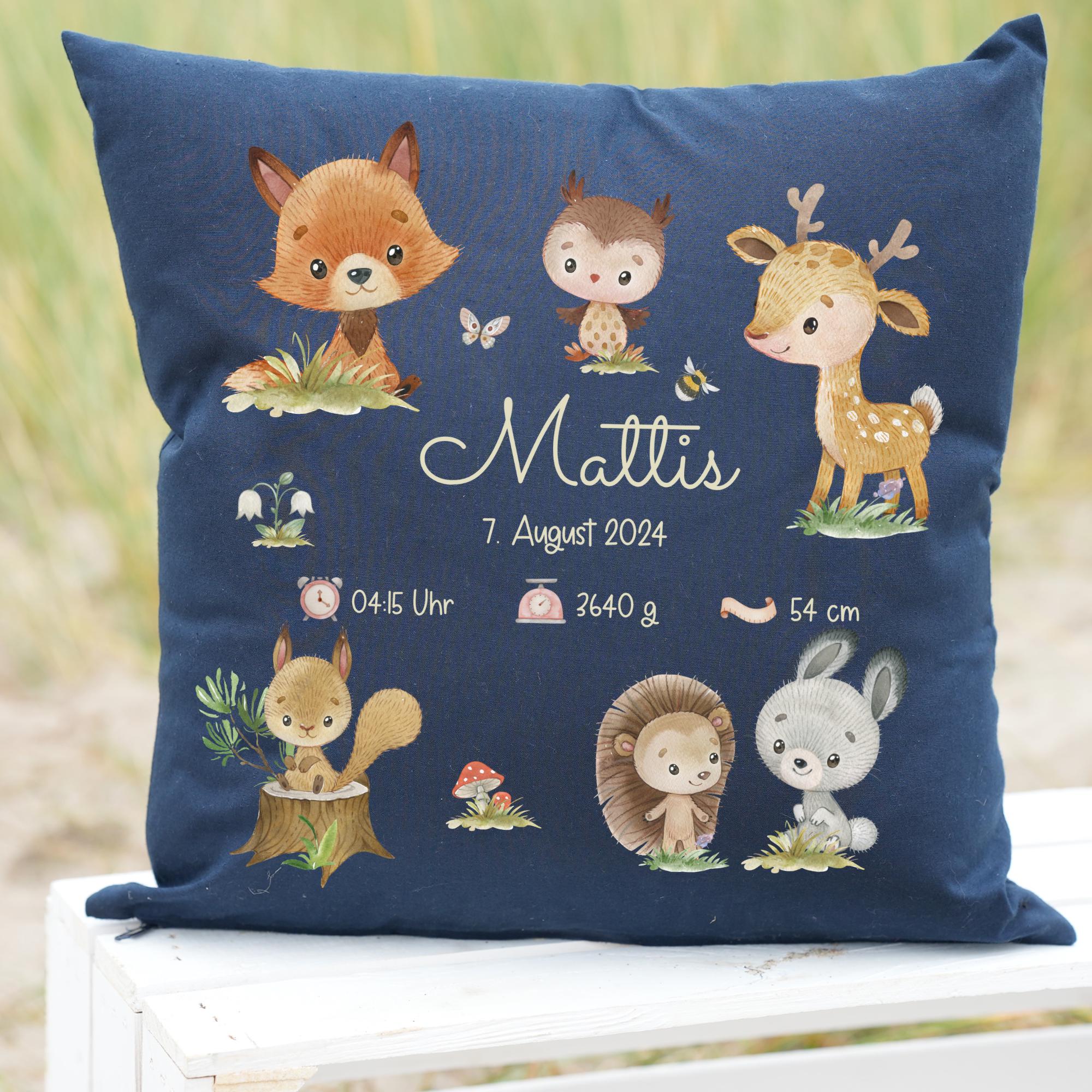 Babykissen mit Namen & Geburtsdaten – Waldtiere personalisiert – Geschenk zur Geburt oder Taufe – Namenskissen mit Fuchs, Reh und Bär – Pillowcases