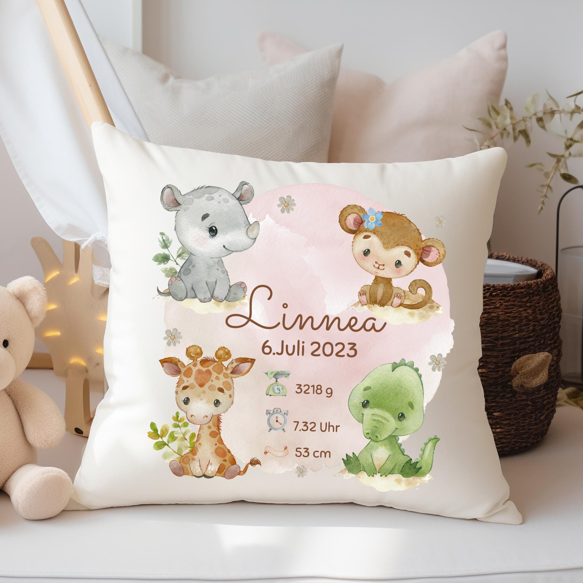Babykissen mit Namen Namenslisten Geburtskissen Geburtsdaten Geschenk zur Geburt personalisiert Dschungeltiere Baby Geschenk