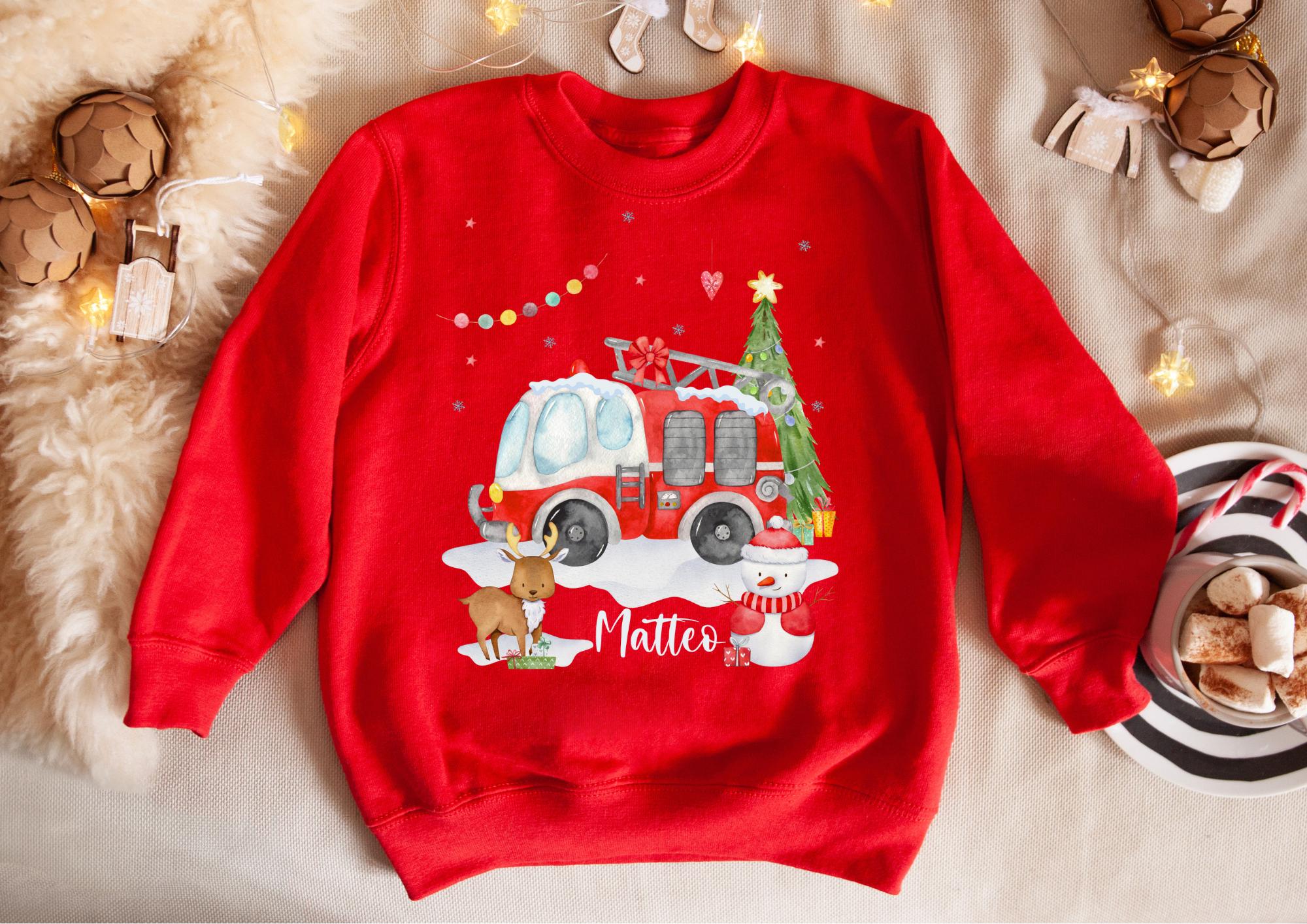 Bügelbild Weihnachten Feuerwehr - personalisiert mit Name – Feuerwehrauto Motiv für Shirt & Pullover – Weihnachts Bügelmotiv – Patches