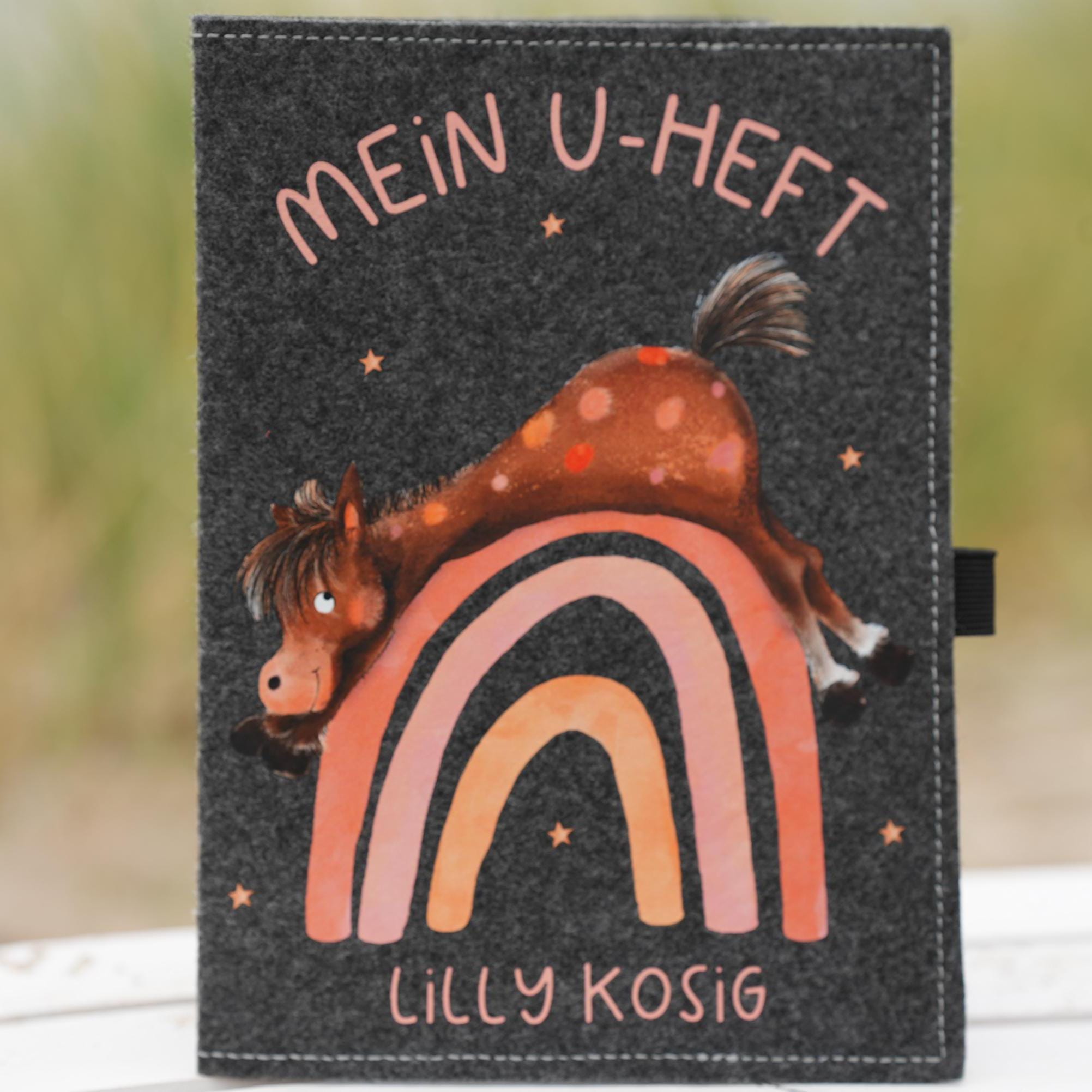 U-Heft Hülle mit Name – personalisiert – Filz Design mit Pferd & Regenbogen – Geschenk zur Geburt oder Taufe – Passport Covers