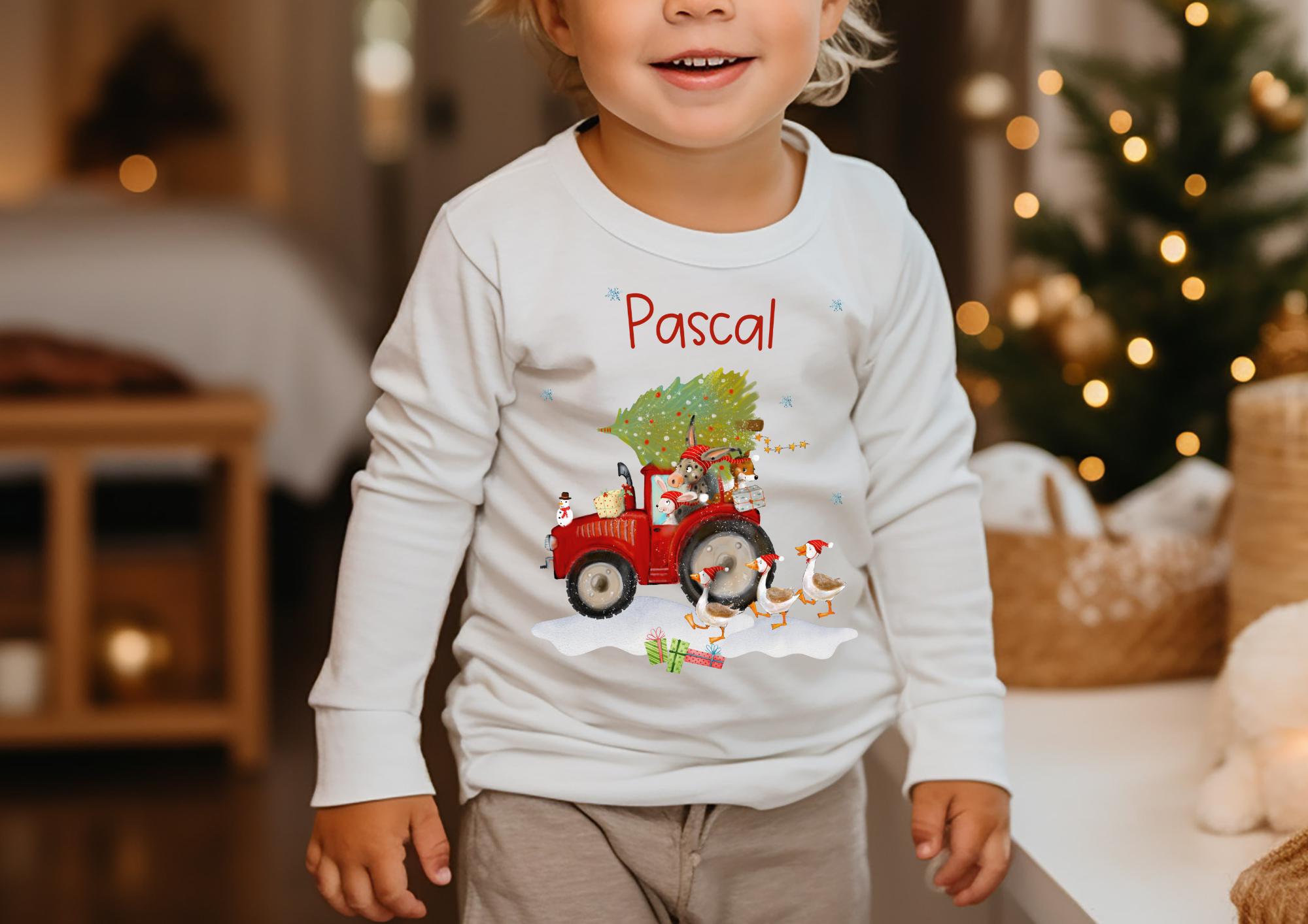 Bügelbild Weihnachten Traktor - personalisiert mit Name – Weihnachtsmotiv für Shirt & Pullover – Bügelmotiv A4 oder A5 – Patches