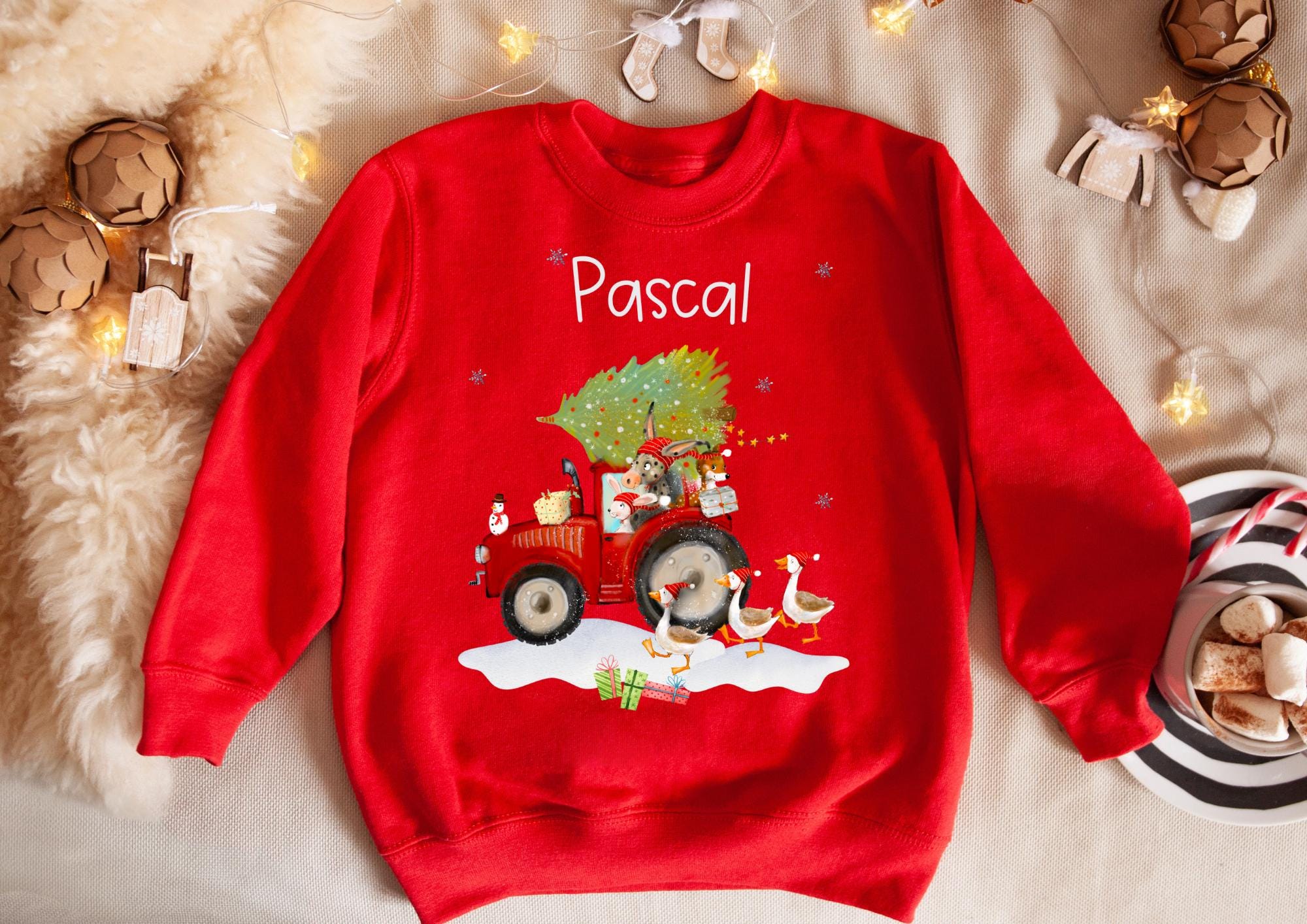 Bügelbild Weihnachten Traktor - personalisiert mit Name – Weihnachtsmotiv für Shirt & Pullover – Bügelmotiv A4 oder A5 – Patches