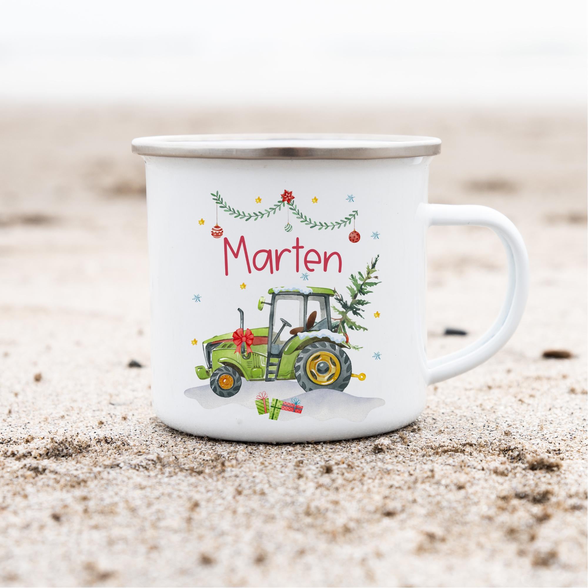 Emailletasse mit Namen personalisiert Weihnachten Weihnachtsbecher Weihnachtstasse Traktor Trecker
