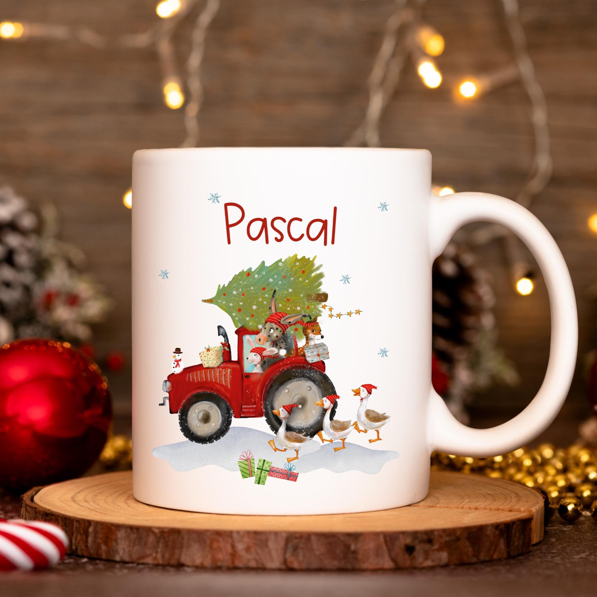 Emailletasse mit Namen personalisiert Weihnachten Weihnachtsbecher Weihnachtstasse Traktor Trecker