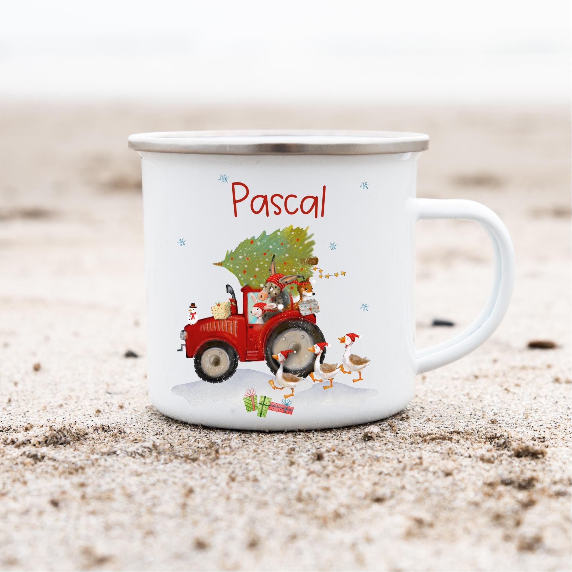 Emailletasse mit Namen personalisiert Weihnachten Weihnachtsbecher Weihnachtstasse Traktor Trecker