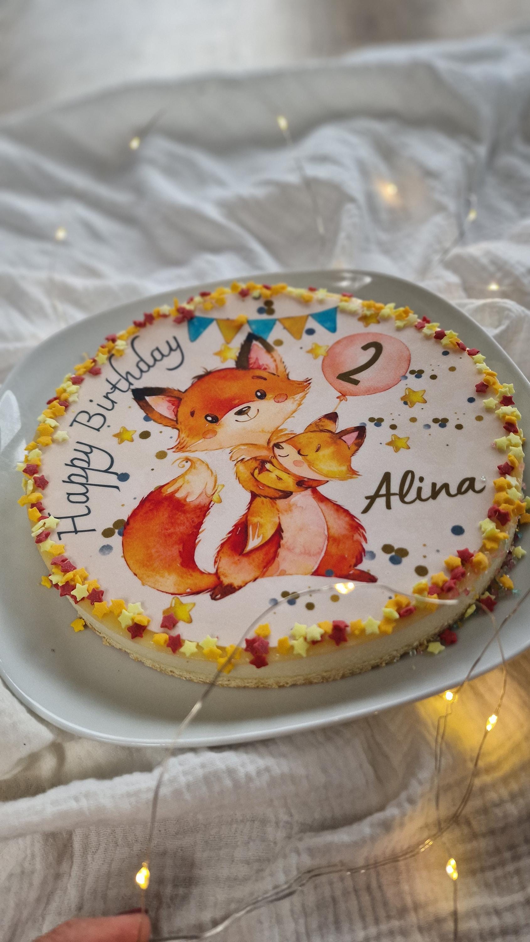 Tortenaufleger Fuchs mit Baby – personalisiert – Fondantbild Geburtstag – – rund – Party Decor