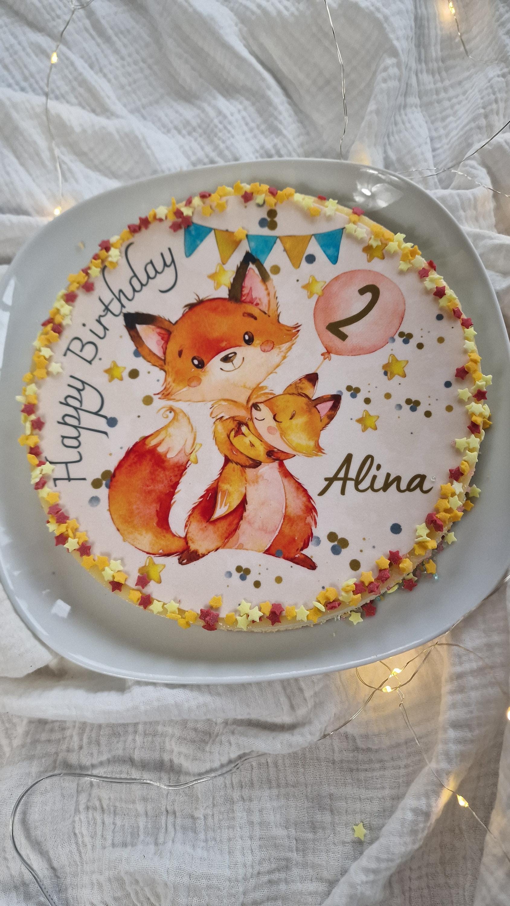 Tortenaufleger Fuchs mit Baby – personalisiert – Fondantbild Geburtstag – – rund – Party Decor