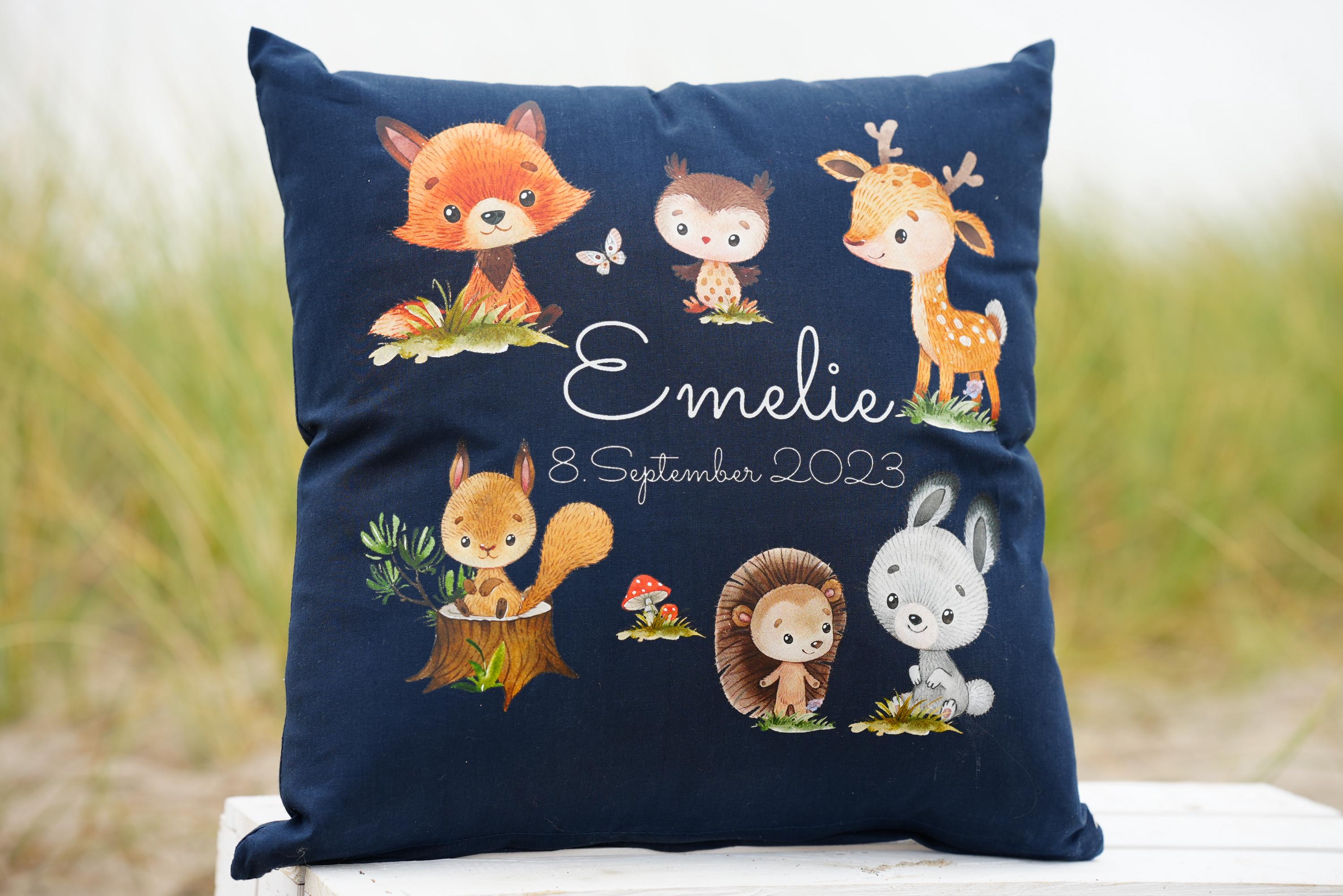 Babykissen mit Namen & Geburtsdaten – Waldtiere personalisiert – Geschenk zur Geburt oder Taufe – Namenskissen mit Fuchs, Reh und Bär – Pillowcases