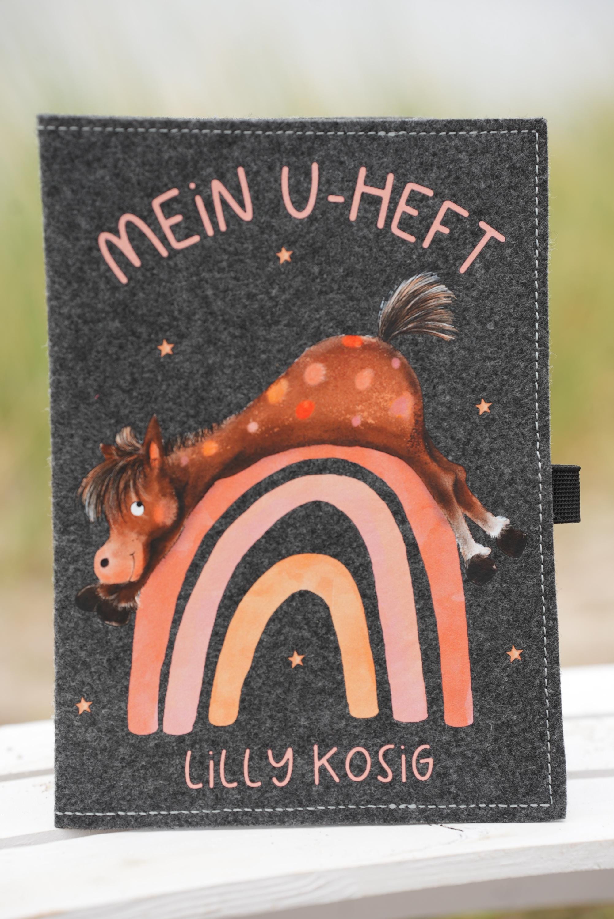 U-Heft Hülle mit Name – personalisiert – Filz Design mit Pferd & Regenbogen – Geschenk zur Geburt oder Taufe – Passport Covers