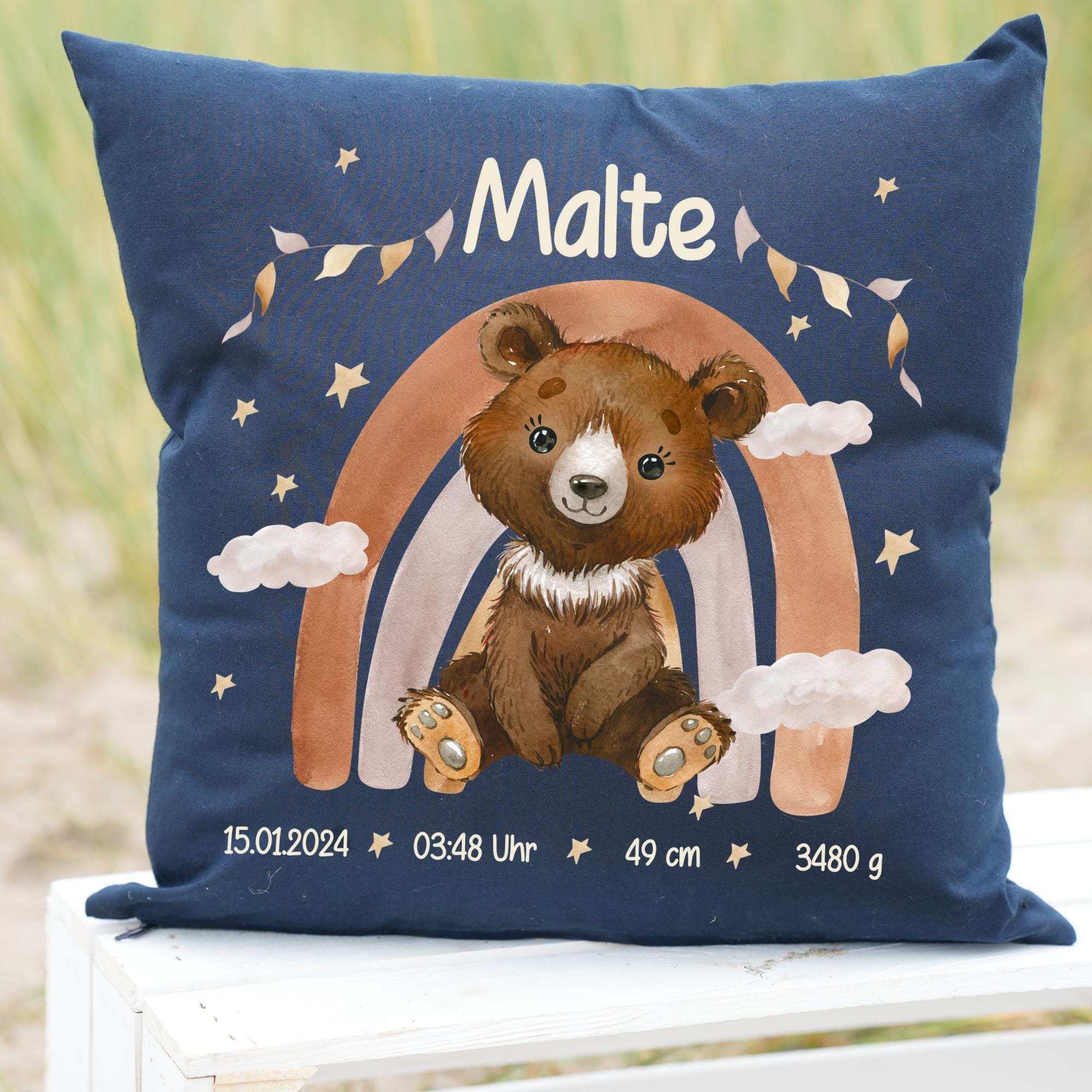 Kissenbezug Geburtskissen Geburtsdaten Geschenk zur Geburt personalisiert Bär Regenbogen – Pillowcases