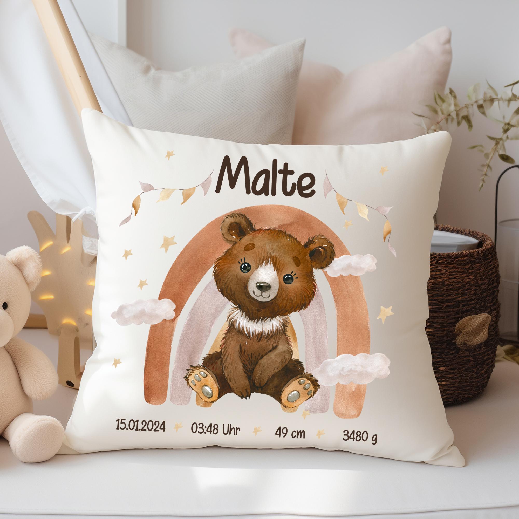 Kissenbezug Geburtskissen Geburtsdaten Geschenk zur Geburt personalisiert Bär Regenbogen – Pillowcases