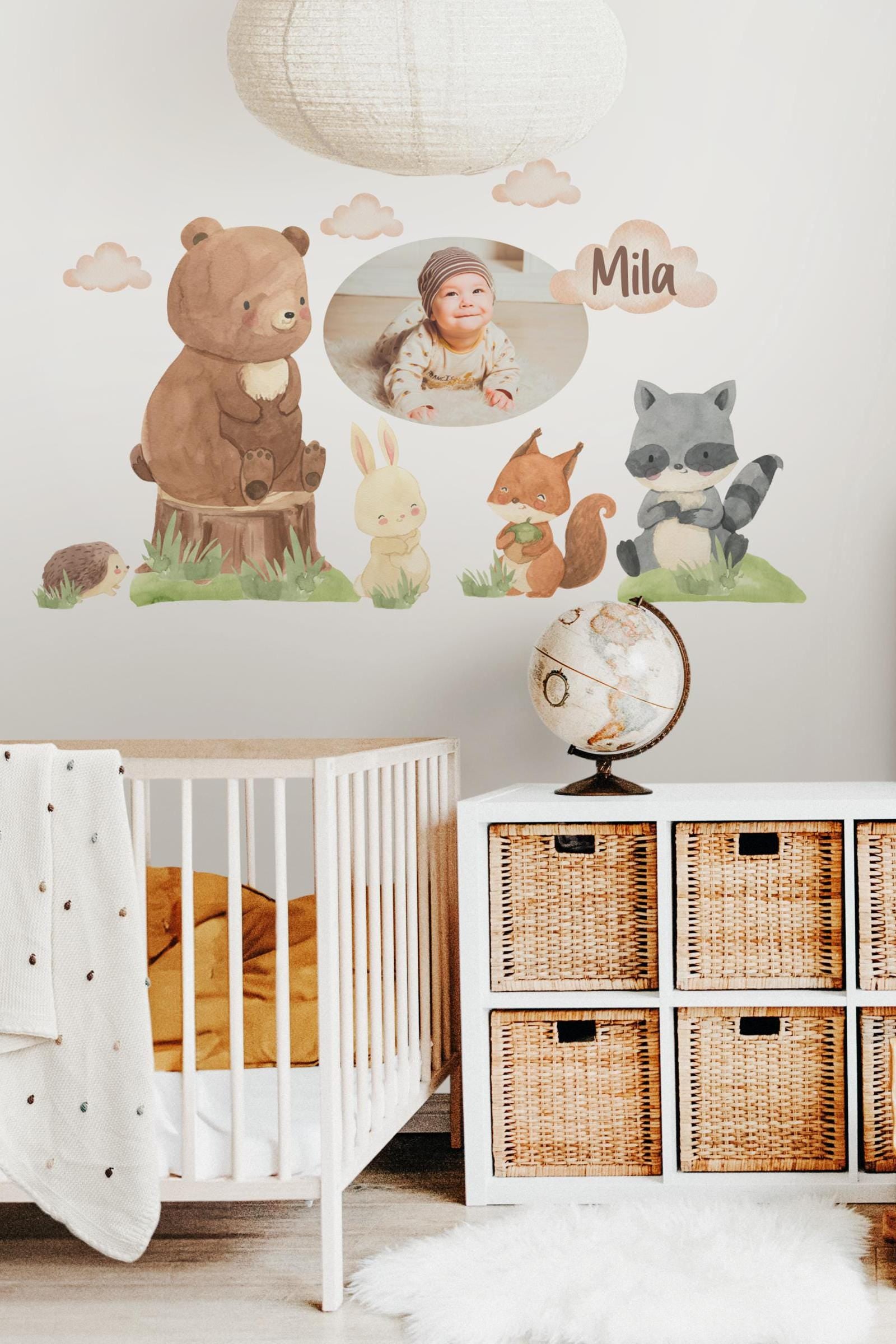 Wandtatoo Wandbild mit Foto Wandaufkleber zimmer personalisiert Waldtiere Bär Hase für das Babyzimmer – Wall Decals & Murals