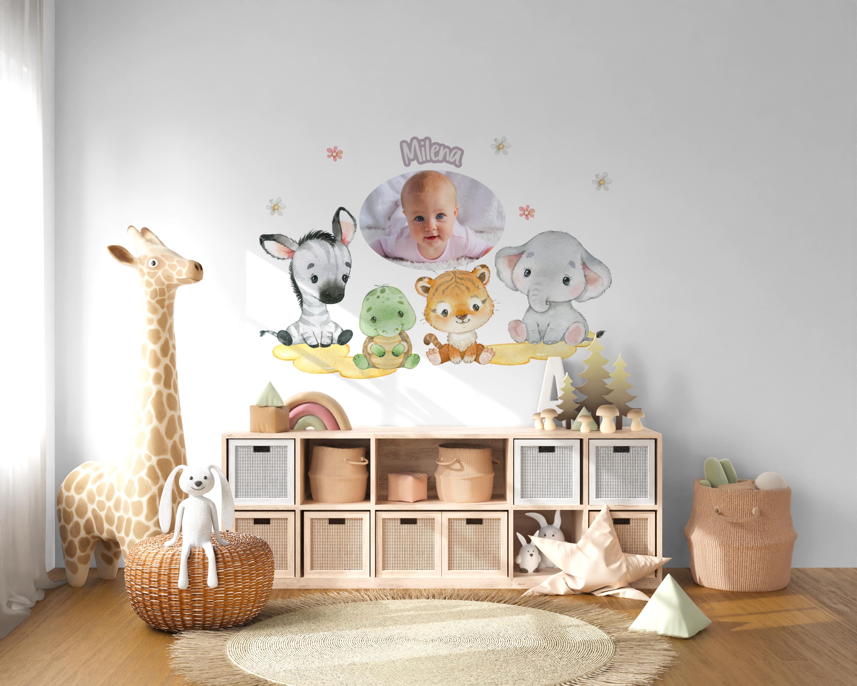 Wandtatoo Wandbild mit Foto Wandaufkleber zimmer personalisiert Safaritiere Giraffe Löwe Dschungeltiere für das Babyzimmer – Wall Decals & Murals