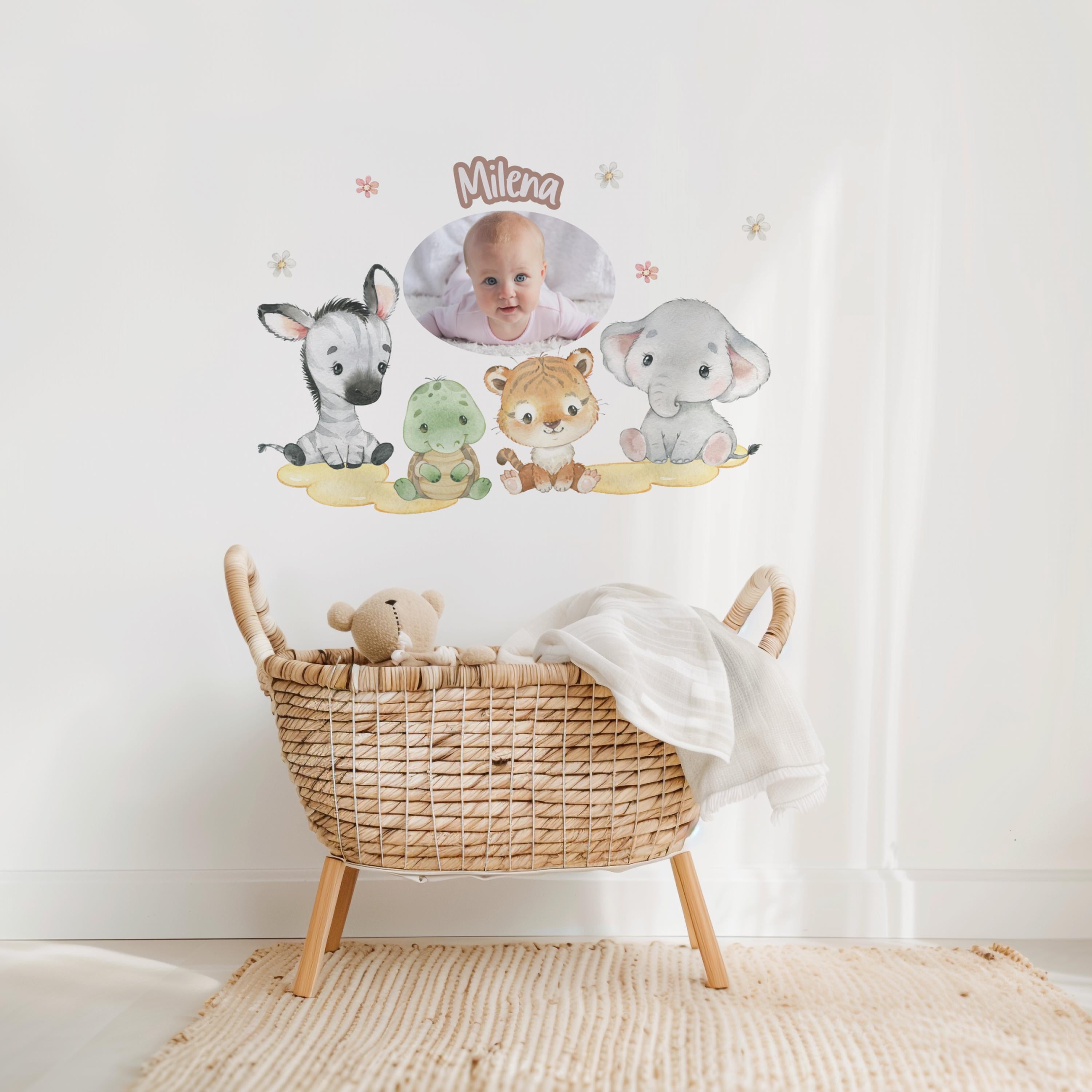 Wandtatoo Wandbild mit Foto Wandaufkleber zimmer personalisiert Safaritiere Giraffe Löwe Dschungeltiere für das Babyzimmer – Wall Decals & Murals
