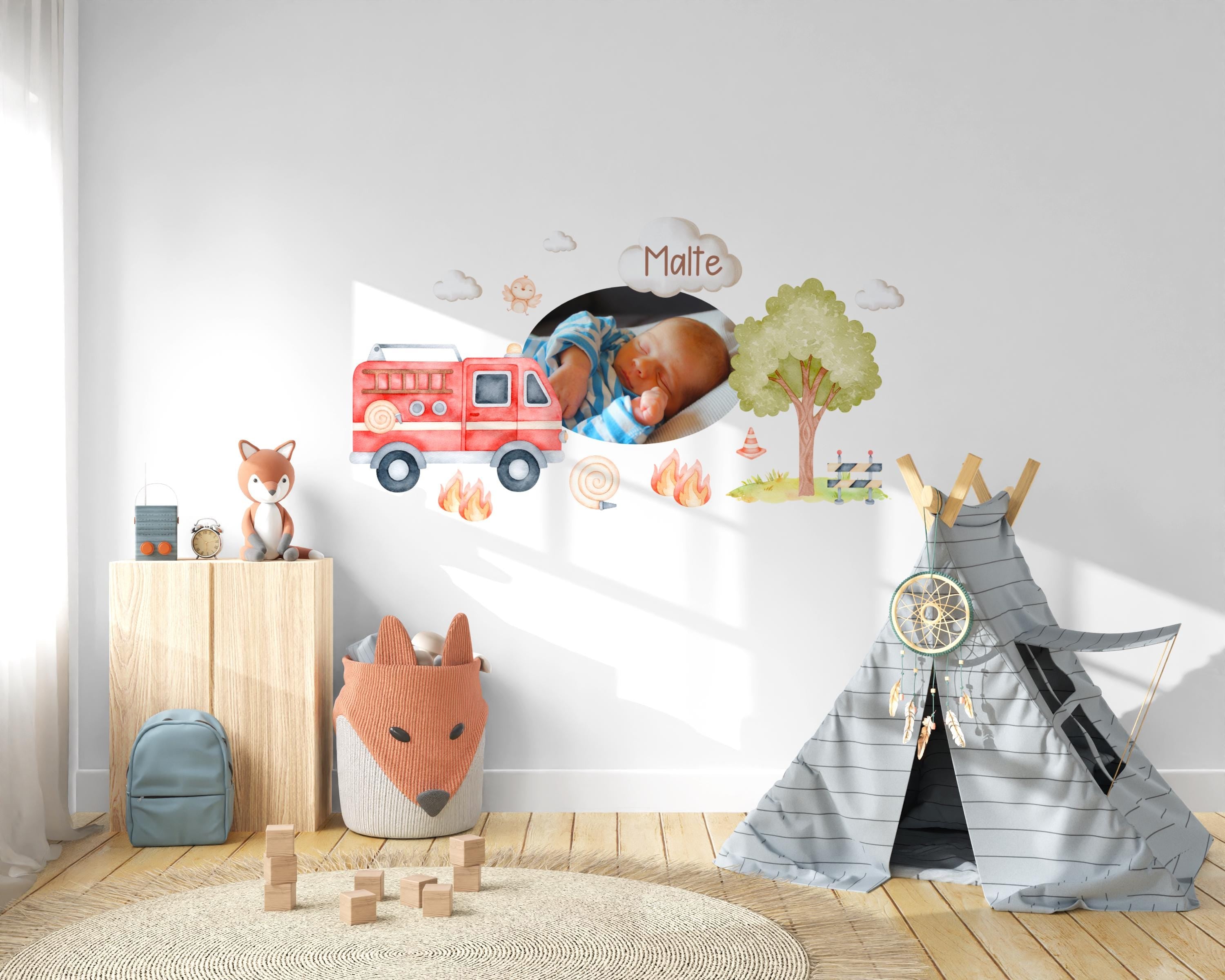 Wandtatoo Wandbild mit Foto Wandaufkleber zimmer personalisiert Feuerwehr Rettungsfahrzeuge für das Babyzimmer