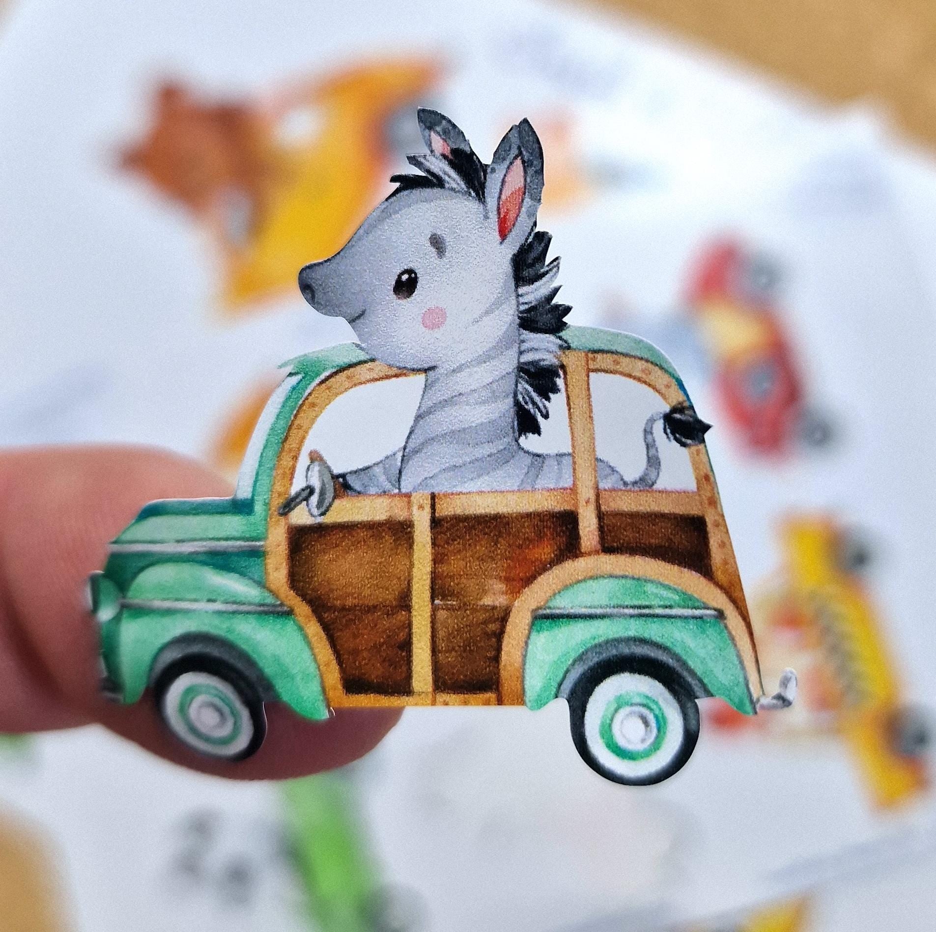 Wasserfestes Sticker-Set – Tiere im Auto – spülmaschinenfest für Brotdose, Trinkflasche, Fahrradhelm – Waldtiere für – Stickers