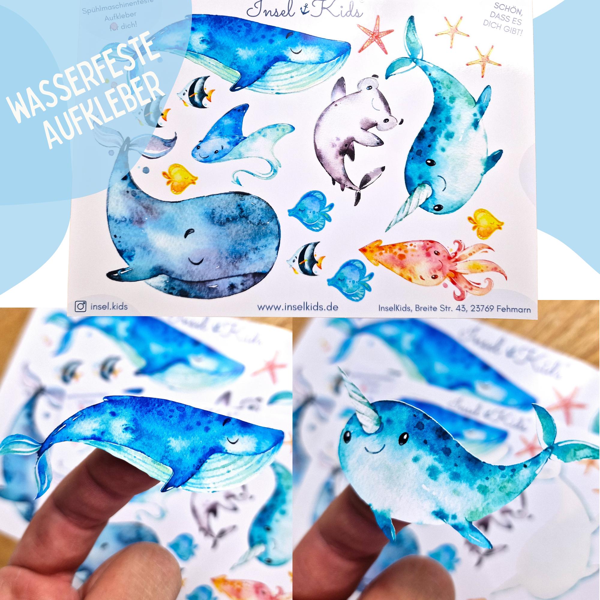 Wasserfeste und spülmaschinenfeste Sticker mit Wal-Motiv – ideal für Trinkflaschen, Brotdosen, Fahrräder und Kinderaccessoires.