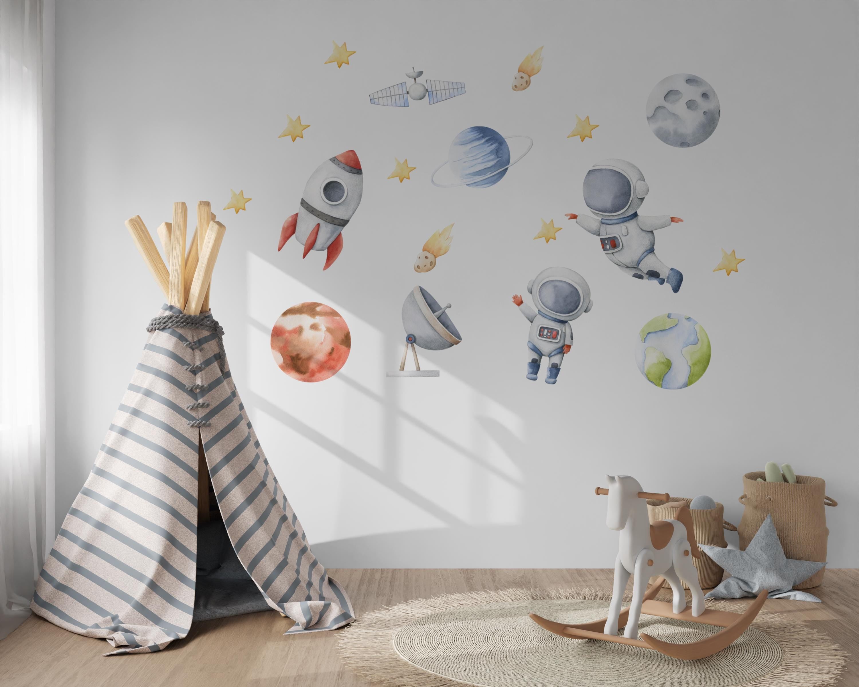 Wandtattoo Astronaut & Rakete – Weltall Wandsticker – Planeten Deko zimmer – Geschenkidee ohne Personalisierung – A3 A2 A1 – Wall Decals & Murals