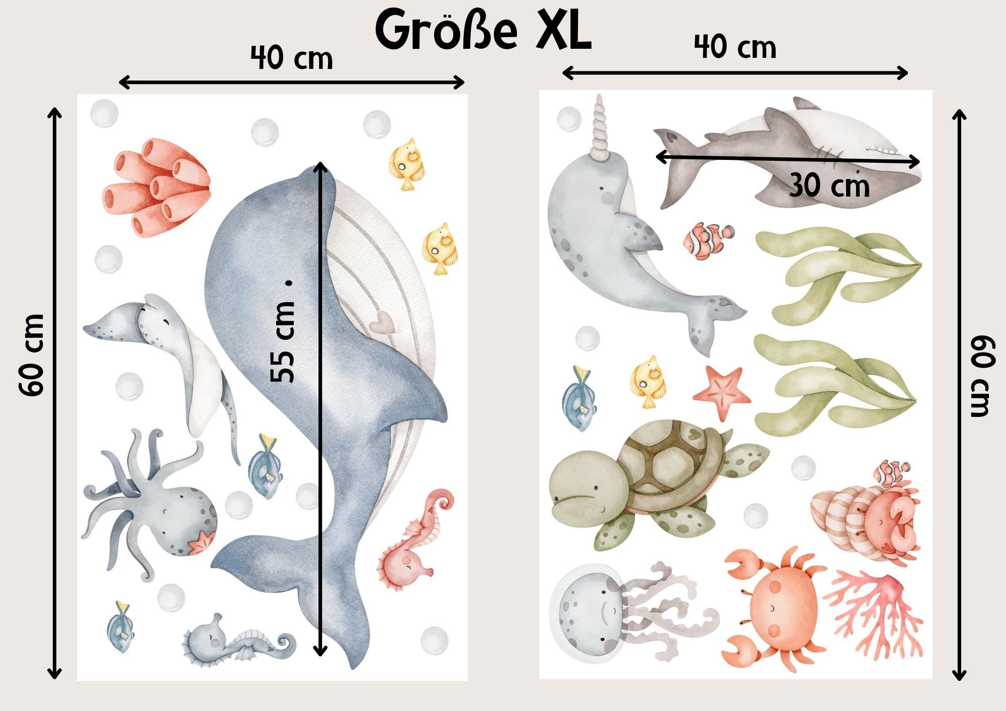 Wandtattoo Wal mit Name – personalisierte Unterwasserwelt fürs zimmer – Wandsticker 60x40 80x60 cm – mit Qualle, Hai, Rochen und Krebs – Wall Decals & Murals
