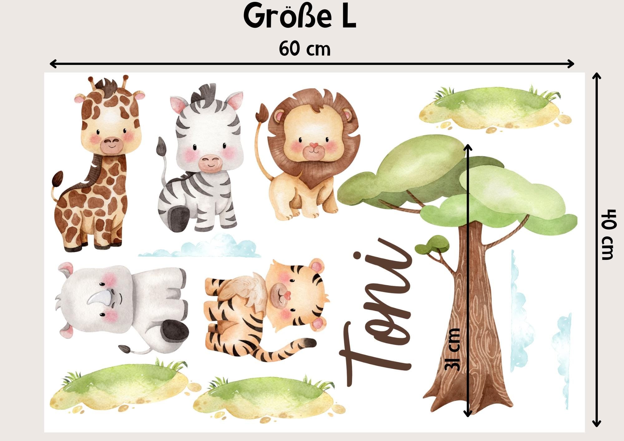 Wandtattoo Dschungeltiere mit Name – personalisiert für zimmer – Safari Wanddeko mit Löwe, Zebra, Giraffe – Geschenk zur Geburt – Wall Decals & Murals