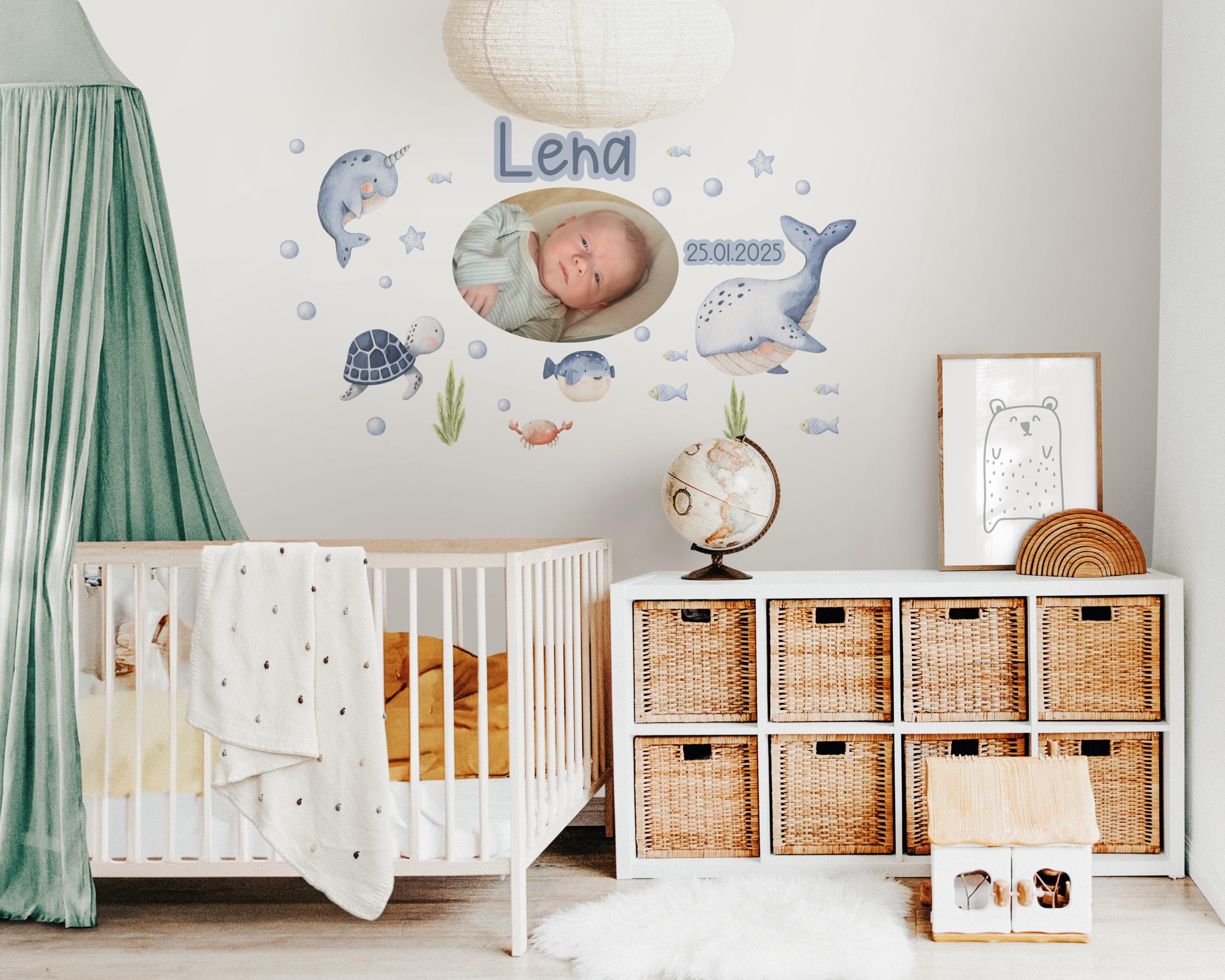 Wandtattoo mit Foto & Name – personalisiert – Meerestiere fürs Babyzimmer – Wal Schildkröte – Geschenk zur Geburt – zimmer Deko – Wall Decals & Murals