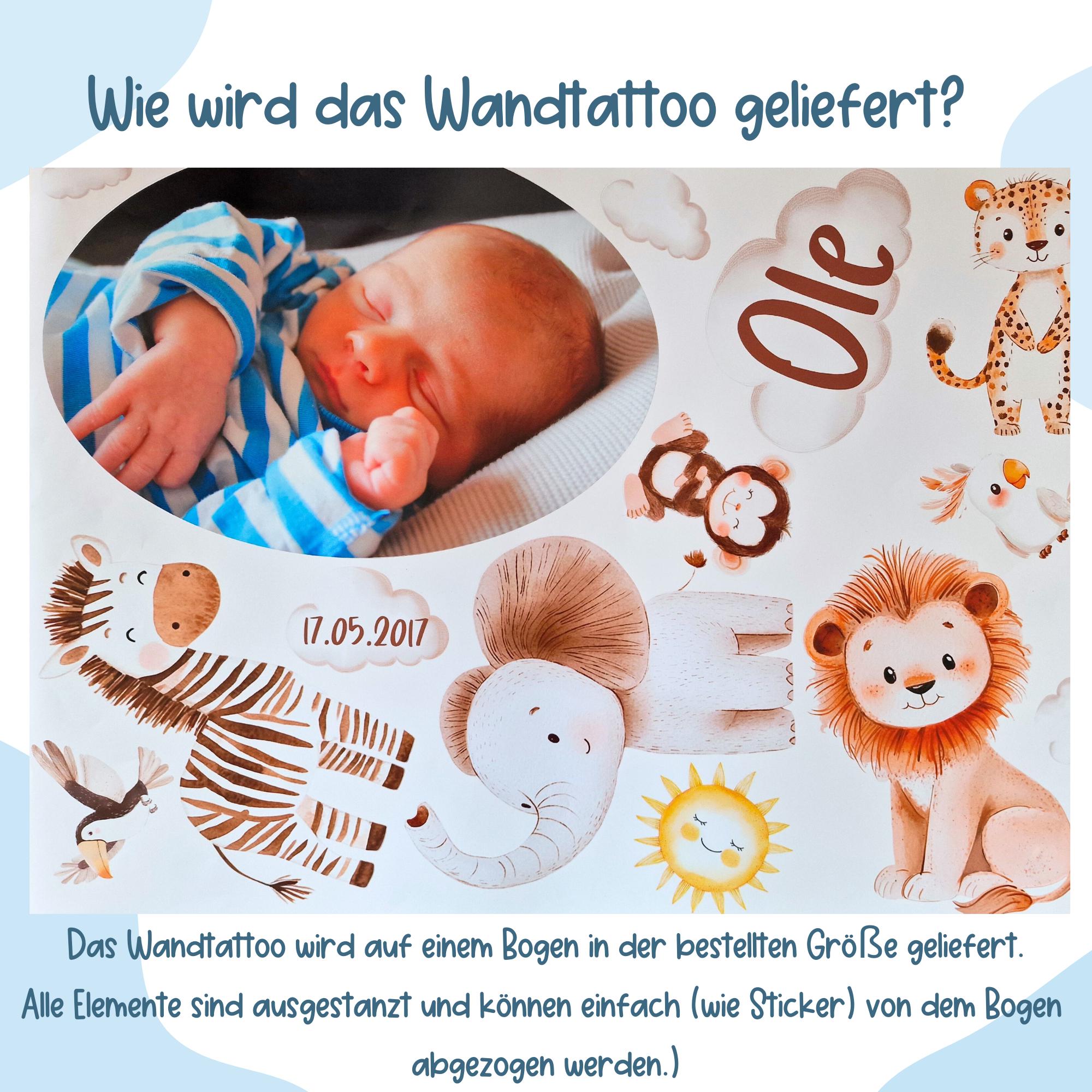 Wandtattoo Babyzimmer mit Foto und Name, Motiv mit Waldtieren (Bär, Reh, Hase), personalisiertes Wandbild zur Geburt, A3–A1 Format. – Wall Decals & Murals