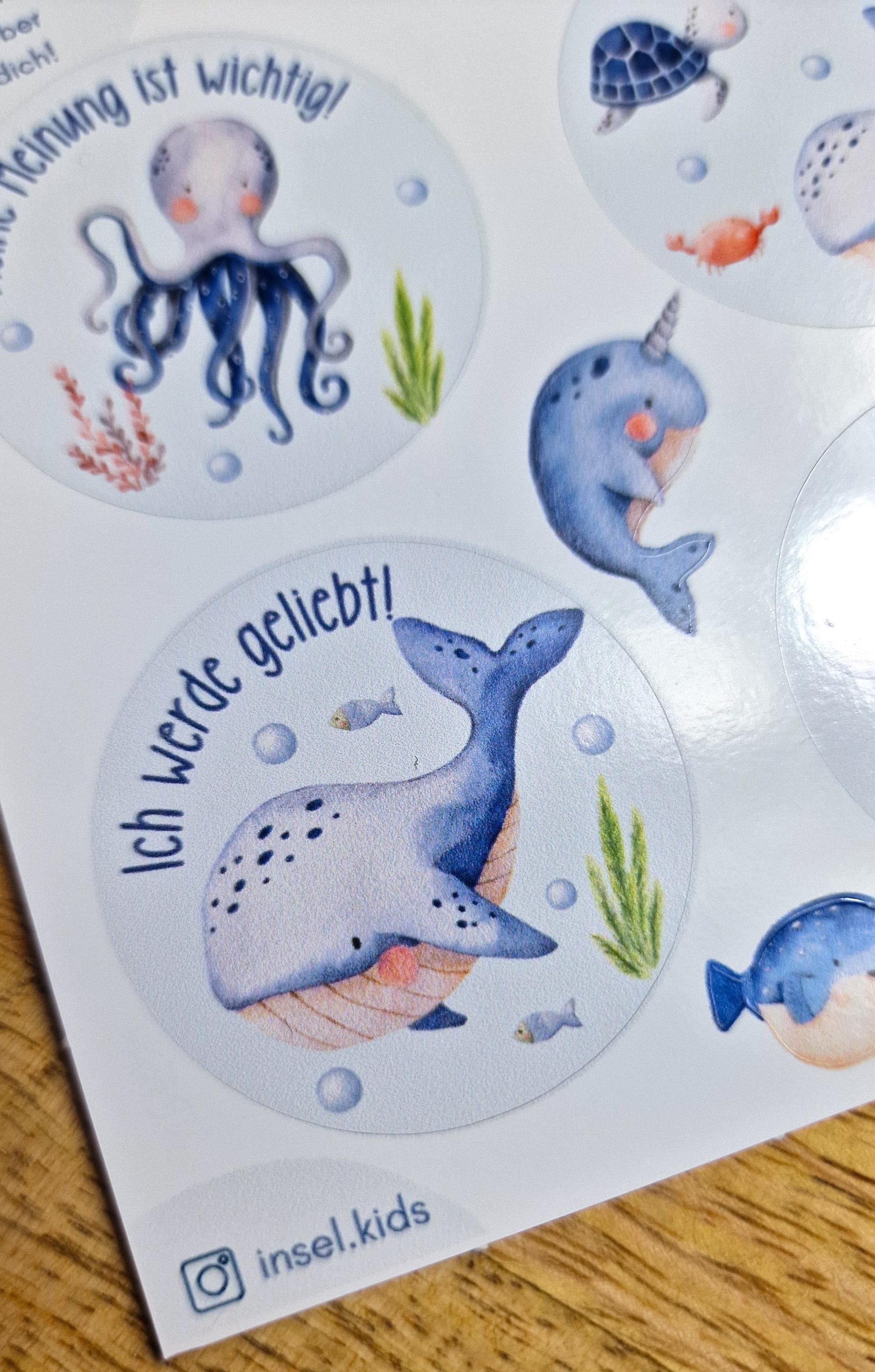 Affirmations-Sticker – wasserfest & spülmaschinenfest – für Brotdose, Flasche, Schulstart – Wal, Krake, Meerestiere, Einschulung – Stickers