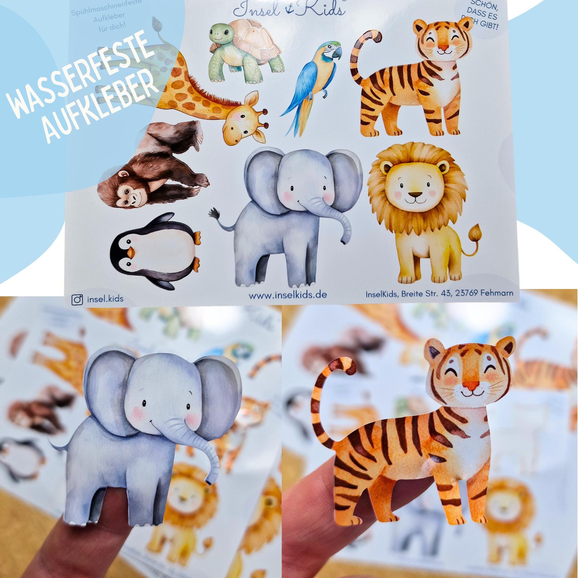 Wasserfestes Sticker-Set mit Zootieren – Elefant, Giraffe, Löwe, Pinguin – spülmaschinenfeste Aufkleber für Brotdose, Trinkflasche und Fahrrad