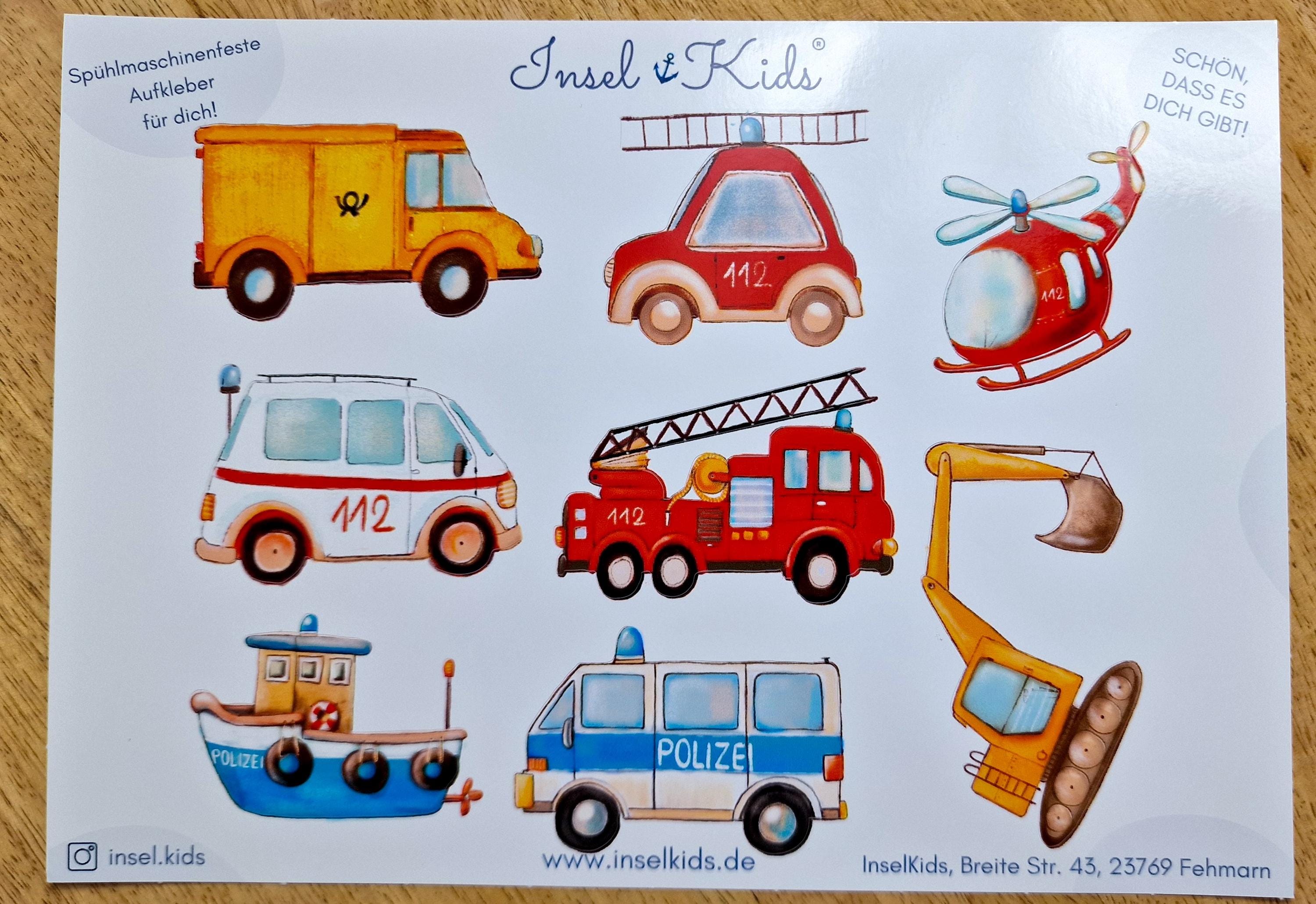 Wasserfeste Kindersticker mit Feuerwehr, Polizei, Bagger und Co. – spülmaschinenfest, für Brotdose, Trinkflasche, Laufrad, Fahrradhelm und mehr