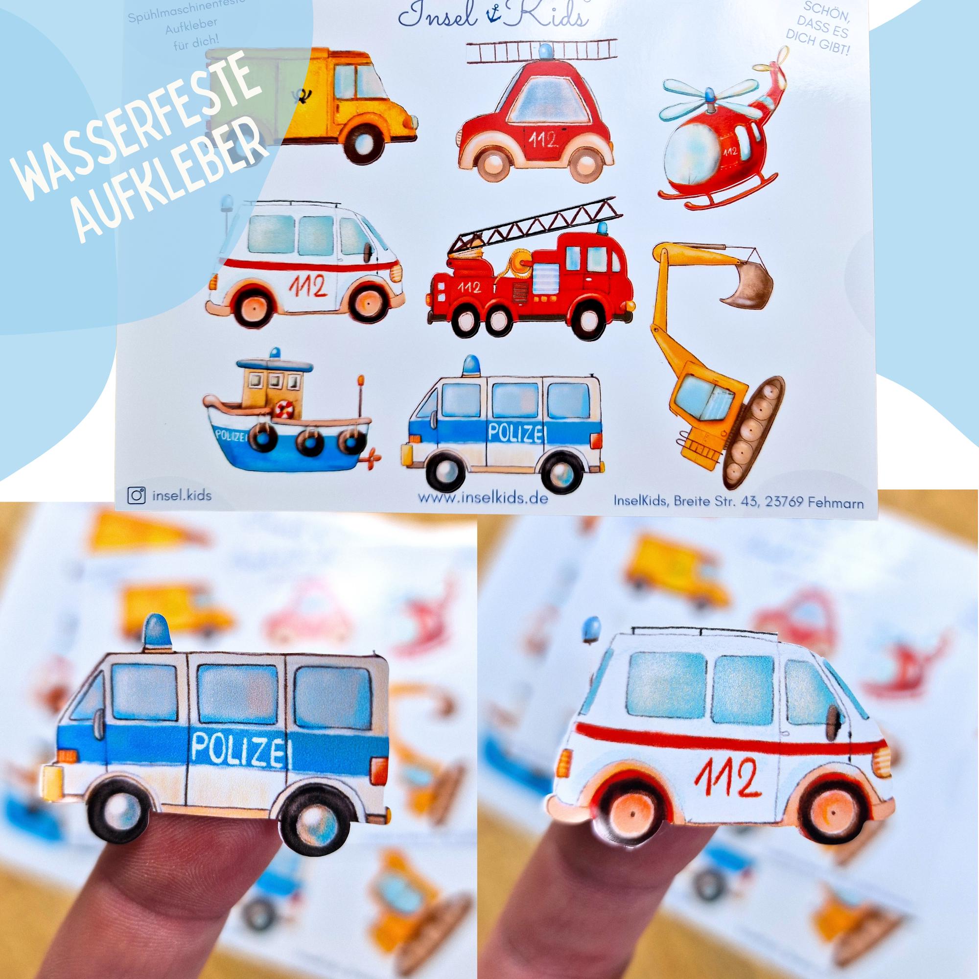 Fahrzeug-Sticker Set für – wasserfest & spülmaschinenfest – Polizei, Feuerwehr, Bagger – für Brotdose, Flasche und Kita – Stickers