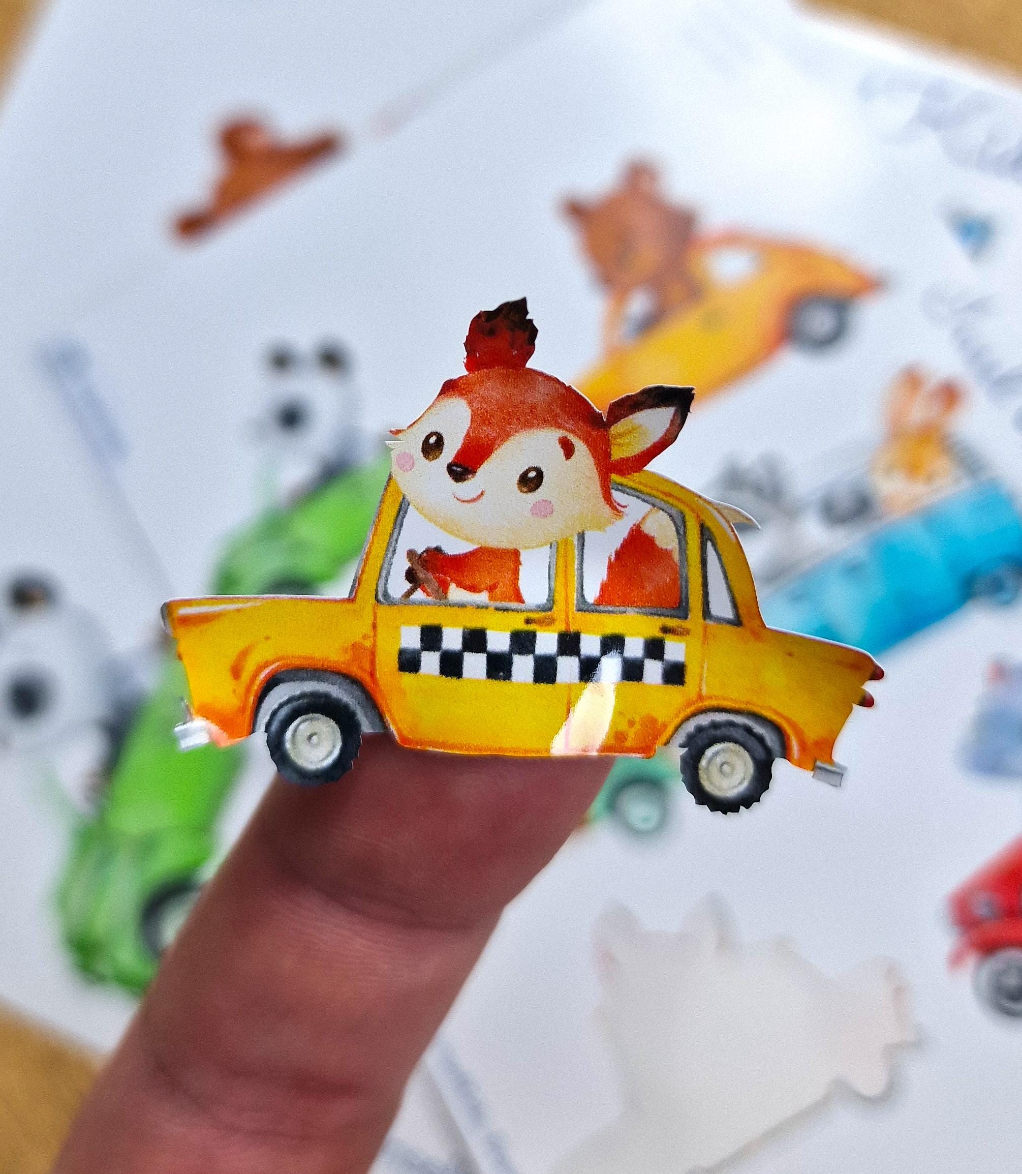 Wasserfestes Sticker-Set – Tiere im Auto – spülmaschinenfest für Brotdose, Trinkflasche, Fahrradhelm – Waldtiere für – Stickers