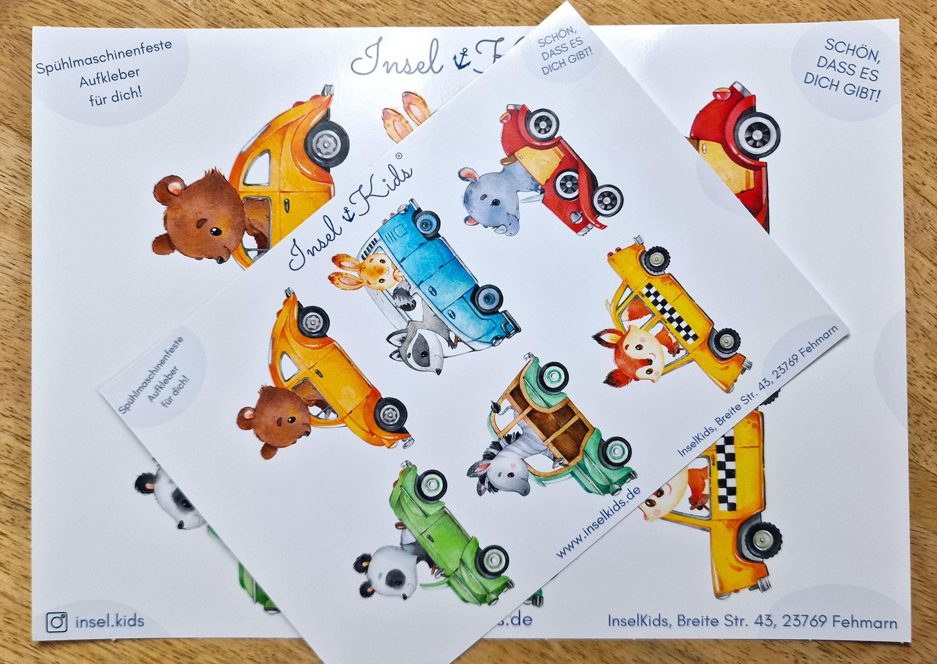 Wasserfestes Sticker-Set – Tiere im Auto – spülmaschinenfest für Brotdose, Trinkflasche, Fahrradhelm – Waldtiere für – Stickers