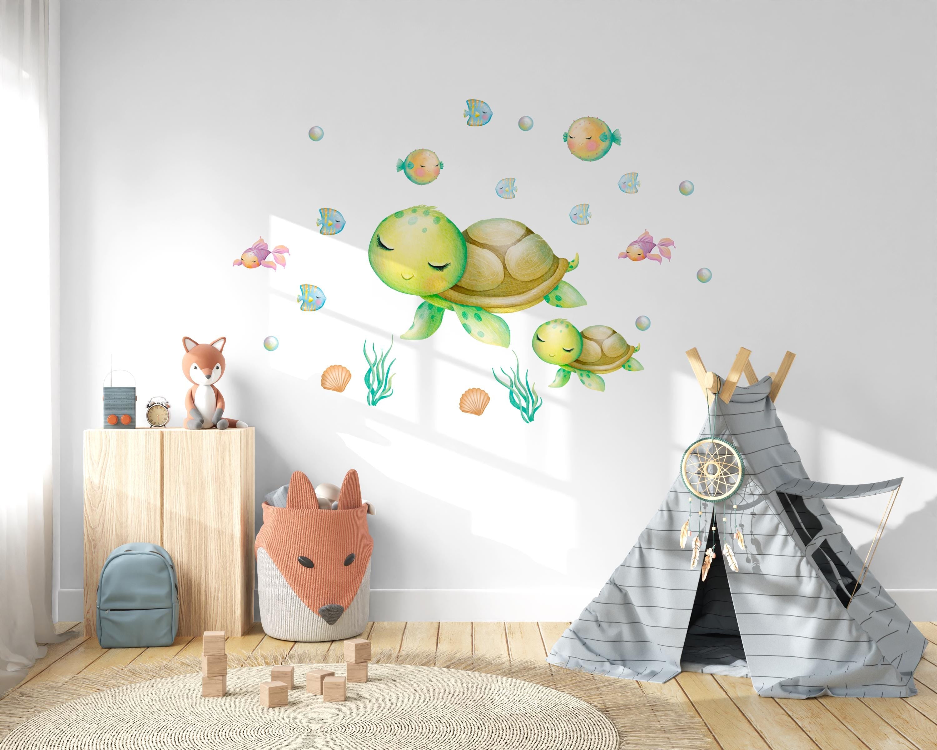 Wandtattoo Schildkröte personalisiert – Wanddeko fürs Babyzimmer Meerestiere – Unterwasser Deko fürs zimmer – Wall Decals & Murals