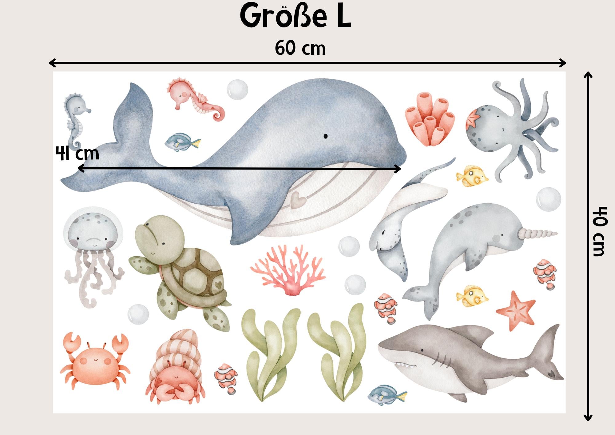 Wandtattoo Wal mit Name – personalisierte Unterwasserwelt fürs zimmer – Wandsticker 60x40 80x60 cm – mit Qualle, Hai, Rochen und Krebs – Wall Decals & Murals
