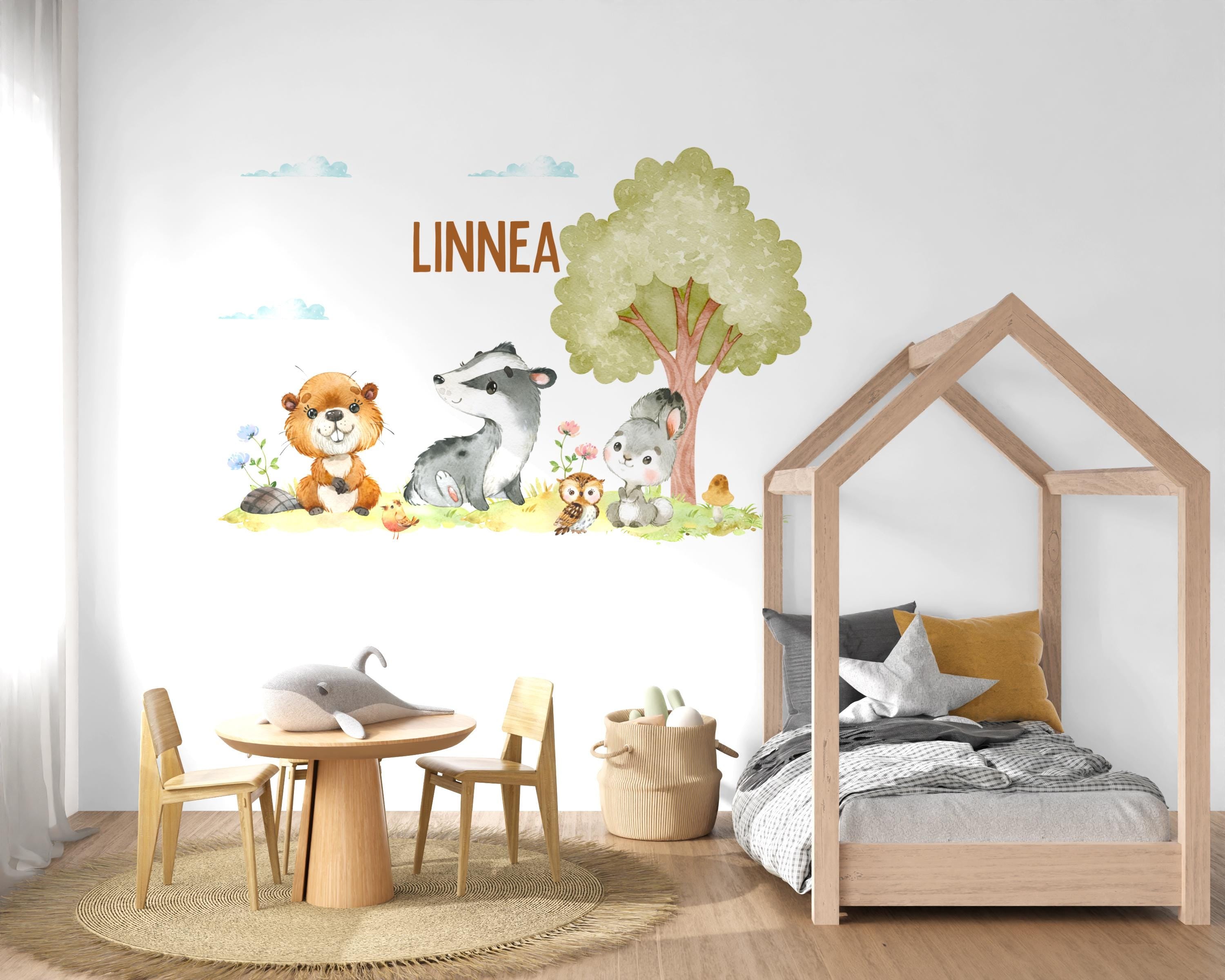 Wandtatoo Wandbild Wandaufkleber Wandsticker personalisiert Kinderzimmerdeko Waldtiere Biber Dachs Hase Kinderzimmer