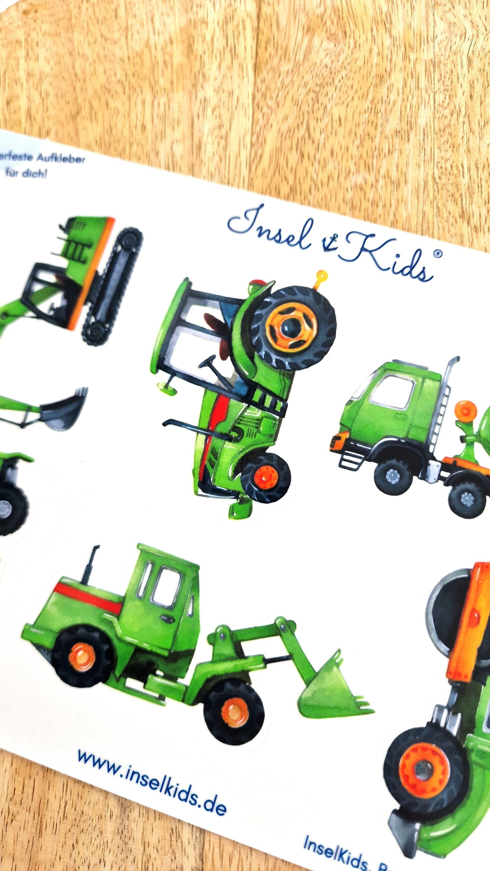 Sticker-Set Baustellenfahrzeuge – Bagger, Traktor, Kipplaster – wasserfest & spülmaschinenfest – für Brotdose, Trinkflasche, Laufrad
