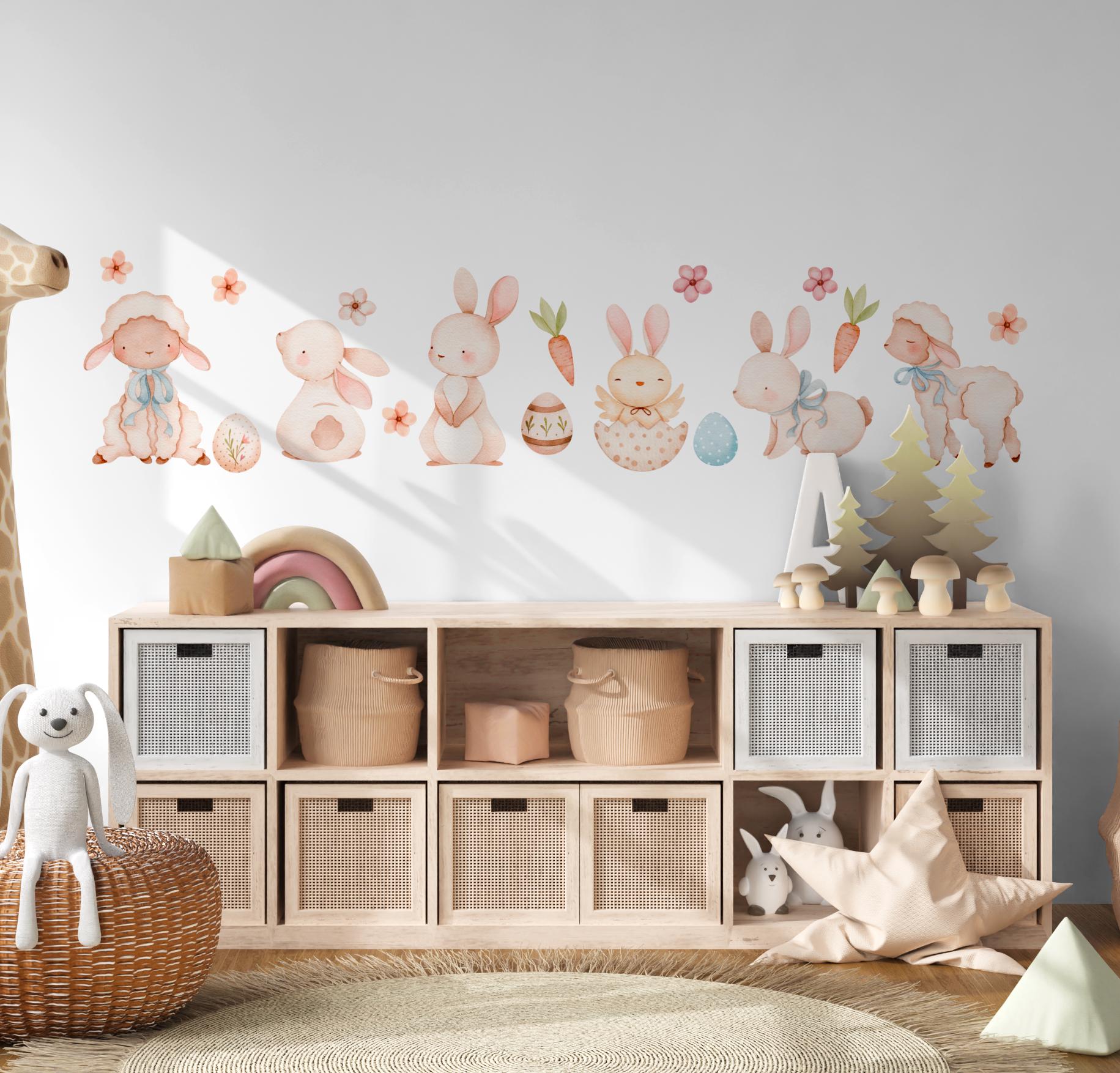 Wandtatoo Wandbild Wandaufkleber Wandsticker Kinderzimmer personalisiert Ostern Osterhase Osterei für das Babyzimmer