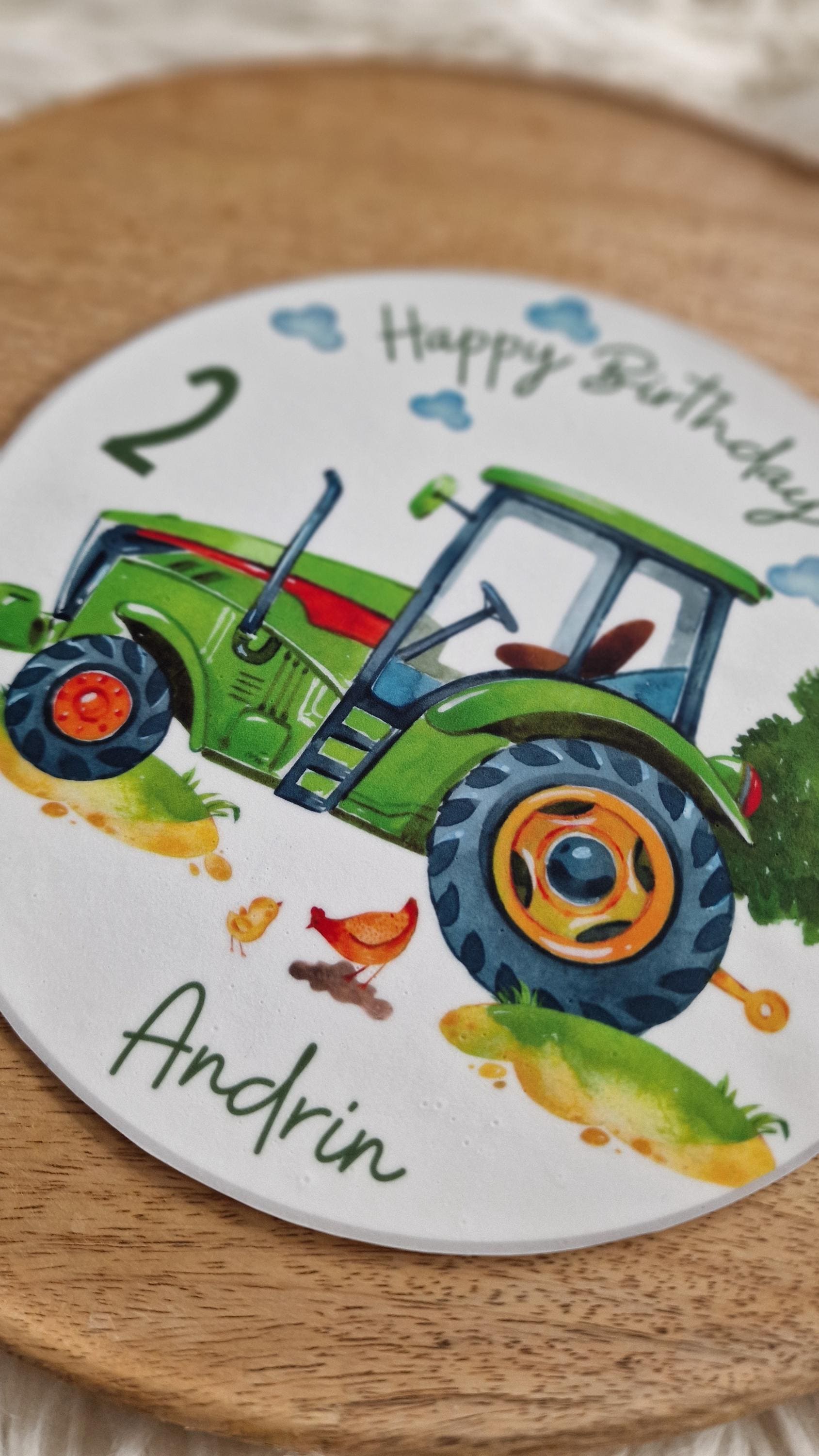 Tortenaufleger grüner Traktor – mit Name & Zahl – Bauernhof Geburtstag – Fondantbild essbar 20 cm – Party Decor