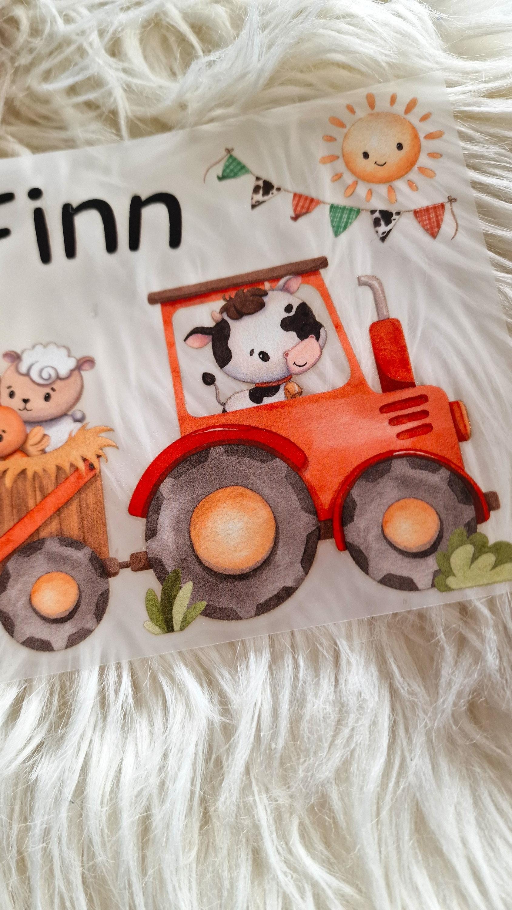 Bügelbild mit Wunschname und Alter personalisiert Traktor Trecker Bauernhof Bauernhoftiere Schaf Pferd Kuh